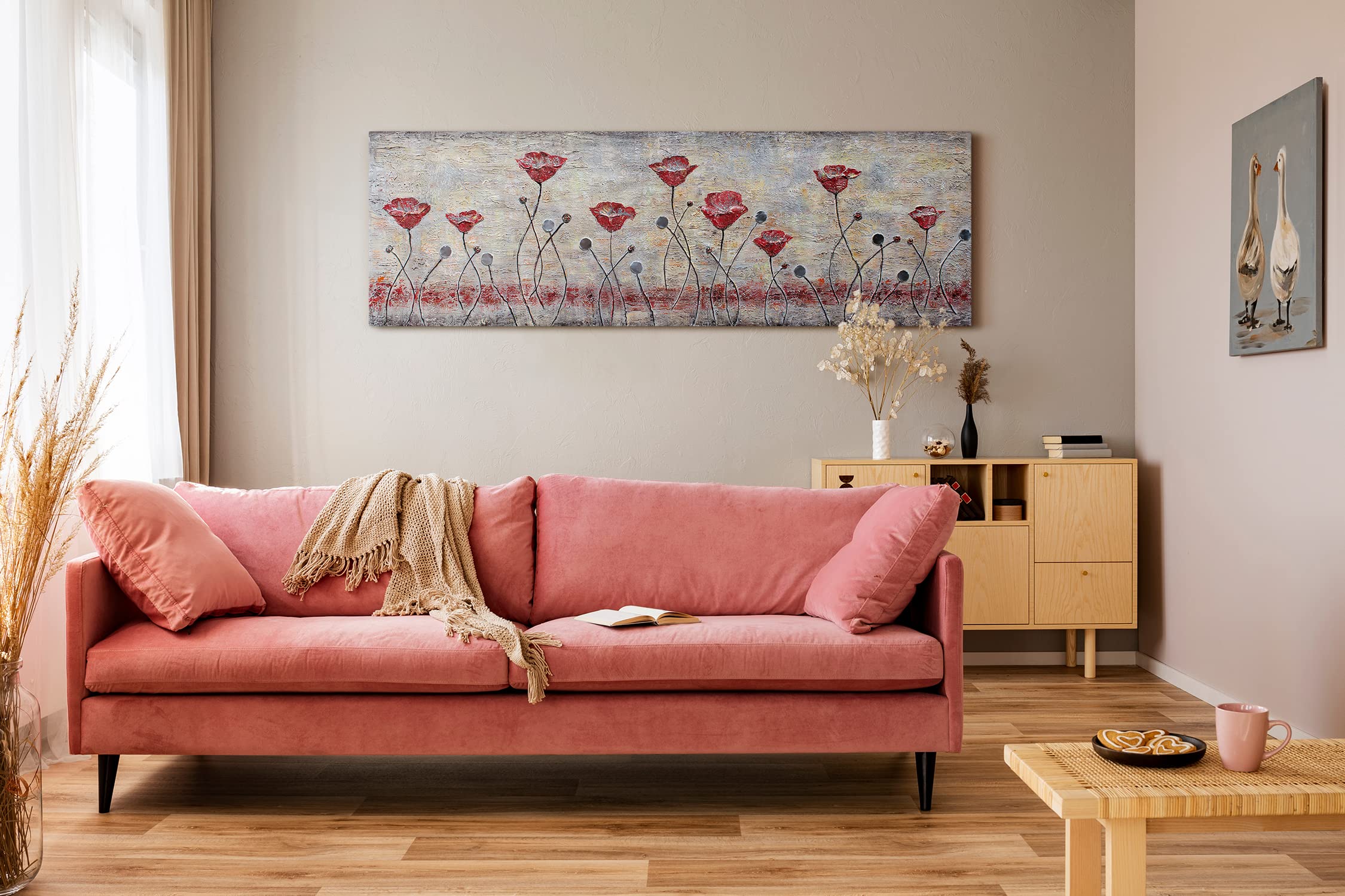 YS - Art Pittura astratta acrilica su tela papavero dipinta a mano quadri da parete soggiorno moderno decorazione per la casa design immagine marrone rosso grigio orizzontale vera arte 150 x 50 cm