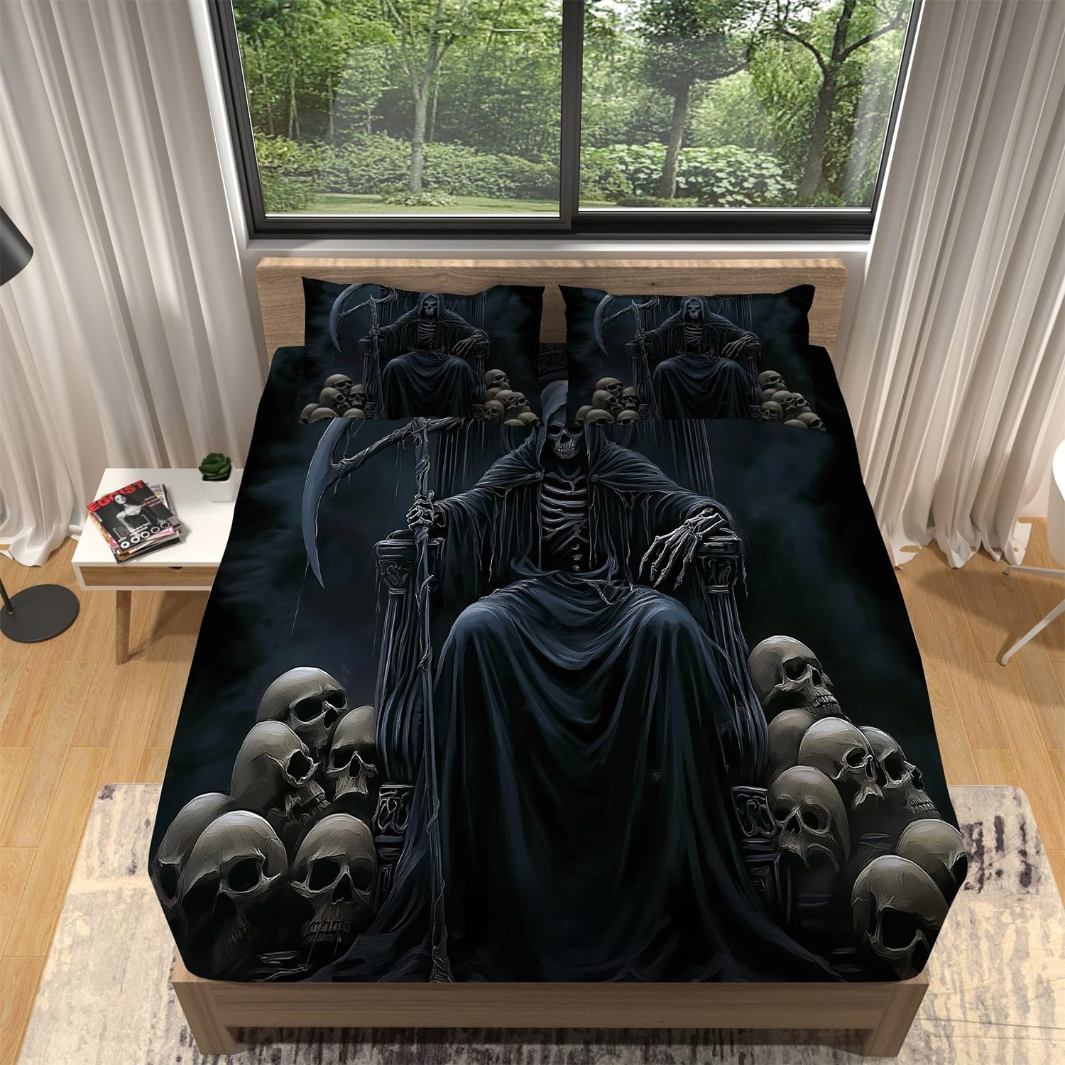 Spannbettlaken Gothic Sensenmann Totenkopf Schwarz Grau, Mikrofaser Bedruckt Spannbetttuch Bis 30 cm Einfache Pflege, Weiche Bequem Spannbettlaken für Alle Jahreszeiten 180 x 200 cm