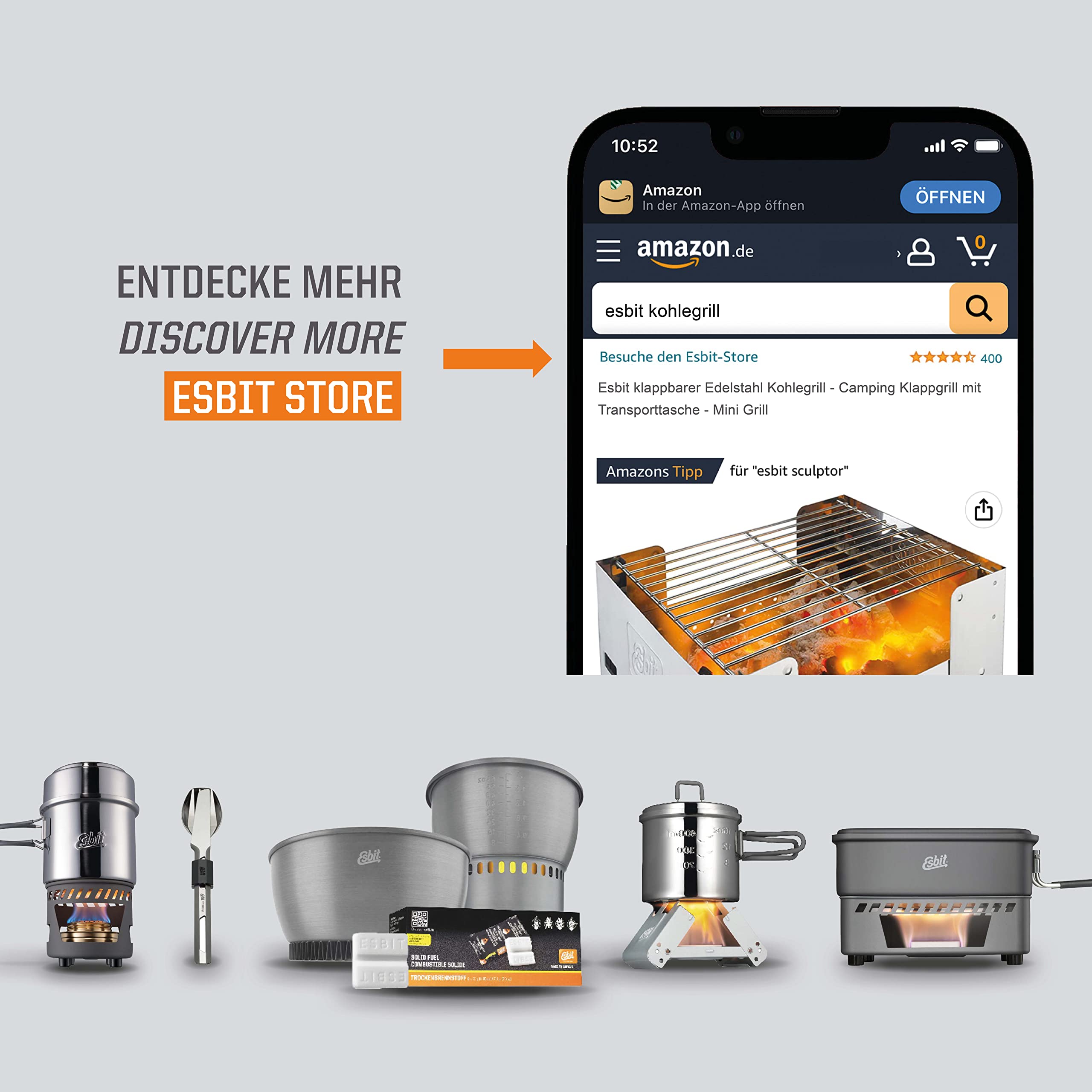 Esbit Griglia a Carbonella BBQ300S | Acciaio Inox | 3 Niveles | Cucina da Trekking | Accamparsi | Grigliate all'aperto