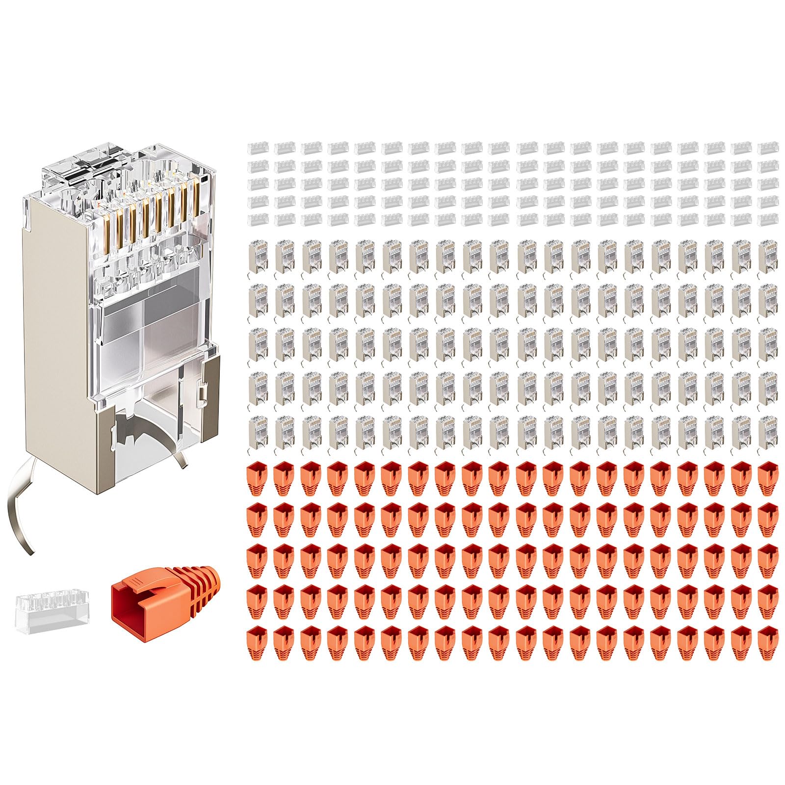 FGB Lot de 100 connecteurs RJ45 CAT 7 CAT 6A 10 Gbps - Connecteurs réseau Pass-Through et blindés - Plaqué or 50 μ - Fiche LAN pour câble de pose AWG23 POE