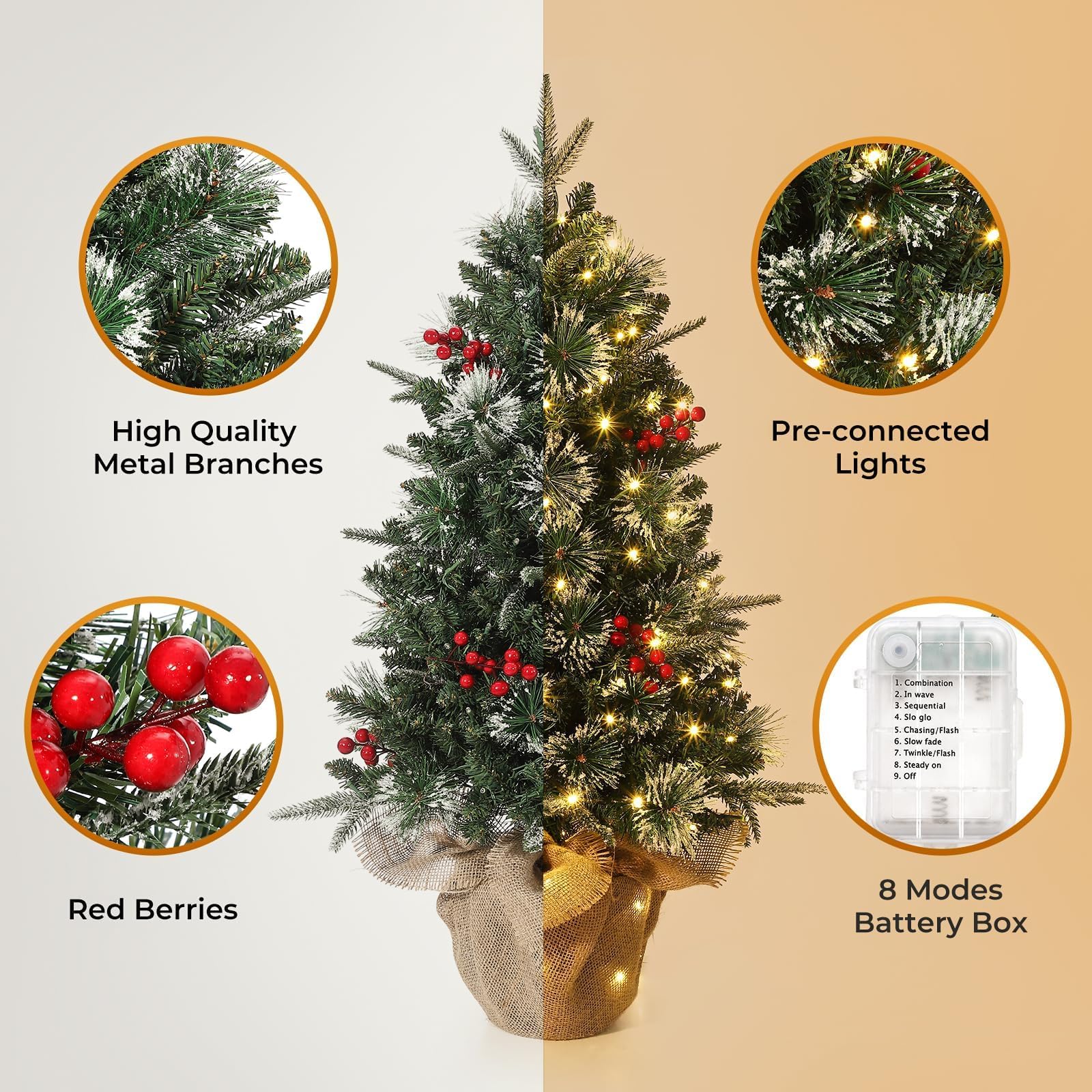 Choinka 91 cm, 78 ciepłych białych diod LED, choinki flokowane śniegiem z brązową podstawą X, funkcja timera, zasilanie bateryjne, do dekoracji świątecznych w domu