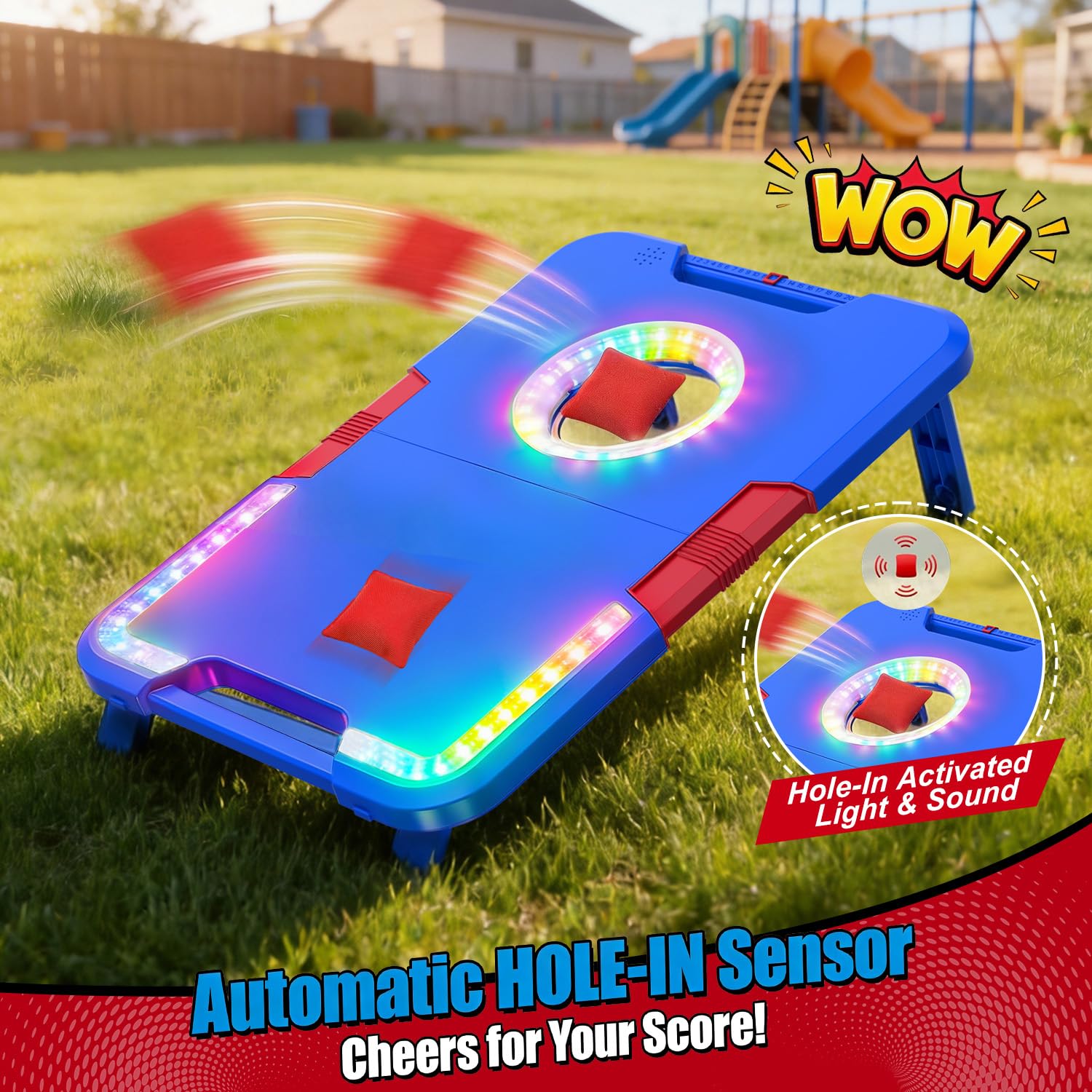 Jeu de Cornhole Illuminé avec Effets Sonores, 2 Planches Pliables & 8 Sacs de Fèves, Jeu de Lancer Portatif pour Extérieur,Jouets pour Fêtes dans la Cour & Camping,Cadeau pour Enfants et Famille,6-12+