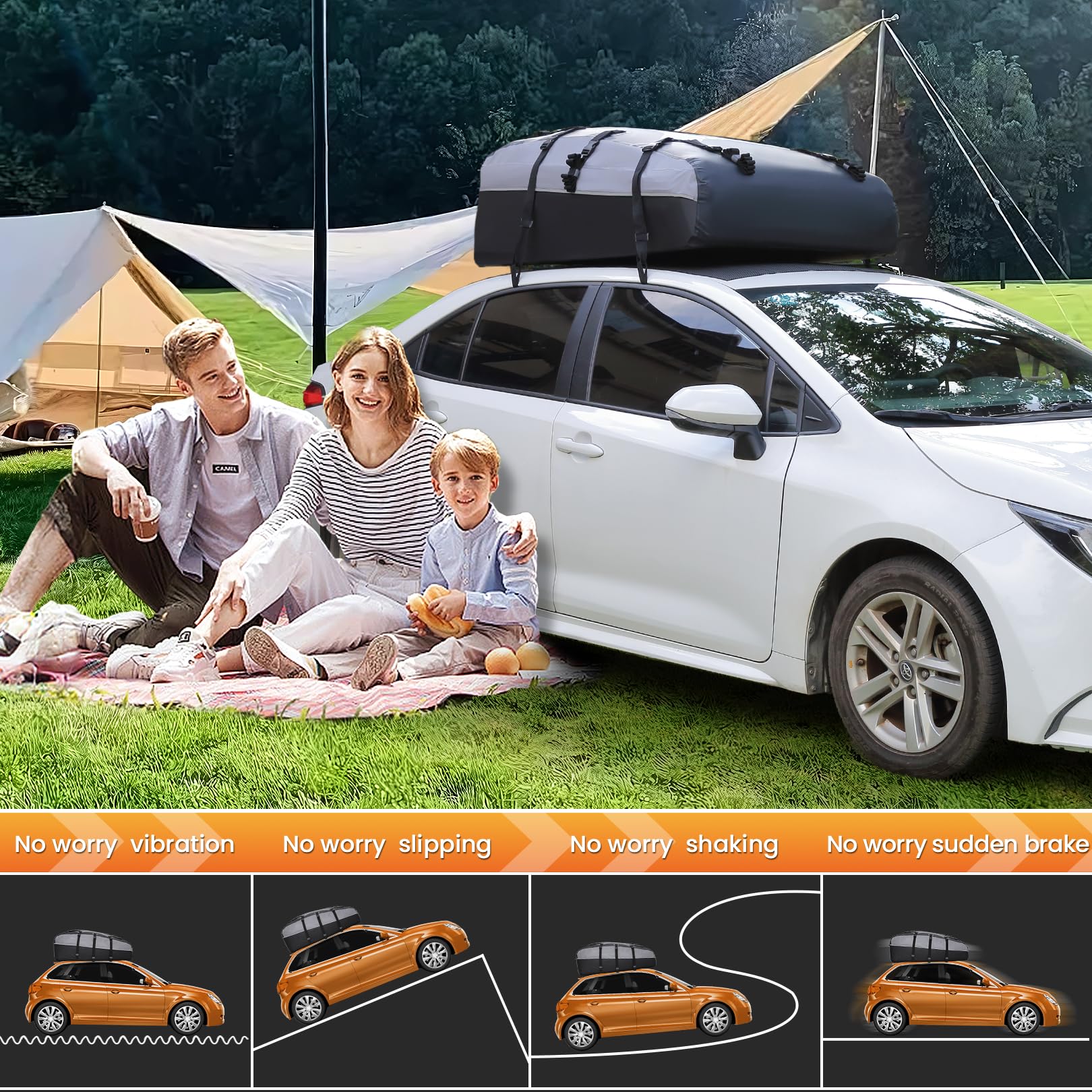 Sailnovo Auto Dachbox Faltbar 20 Kubikfuß Wasserdichter Dachtasche Auto, Passend für Autos Gepäckträger, mit Anti-Rutsch-Matte +Vorhängeschloss+ Verstärkte Gurte +6 Türhaken(Grau-Schwarz)