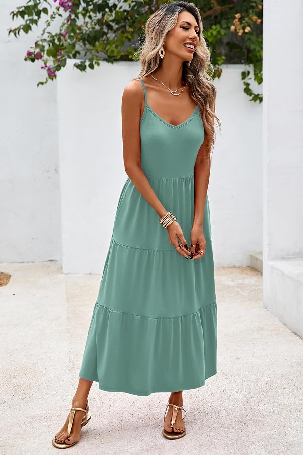 Halife Sun Dresses Women Summer Casual Sleeveless Maxi Dress for Crusie Vacation Flowy Long Beach Dress Trendy Olive Green L by Halife - Used condition - Image 4