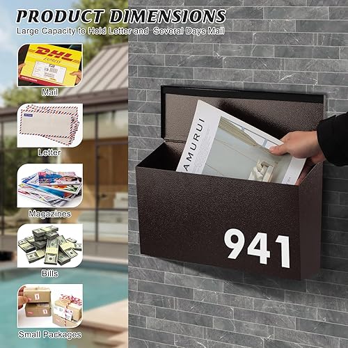 Miniatura 3 de KYODOLED Buzón de montaje en pared, buzón de correo de gran capacidad, buzón de metal de acero galvanizado a prueba de óxido, buzones para exterior,