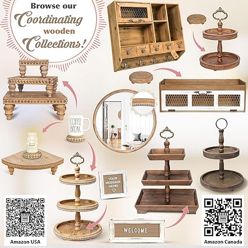 Vista 23 de Felt Creative Home Goods Juego de 2 elevadores redondos de madera rústica con cuentas – Soportes de pedestal de decoración apilables resistentes