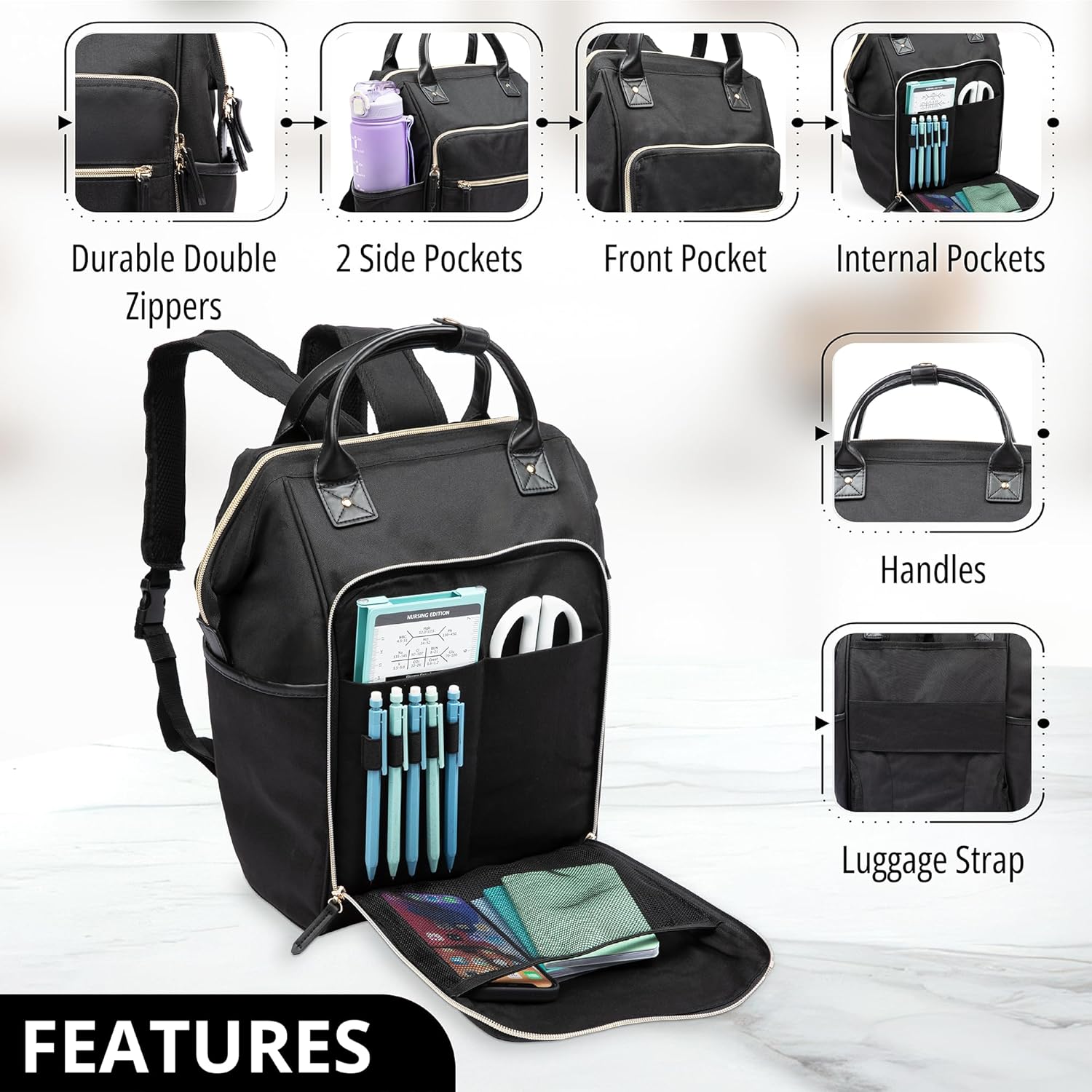 First Lifesaver Backpack Cooler, Lunch Bag with Insulated Leak-Proof Thermal for Women, Nurses, Nursing Students (Black Gold)