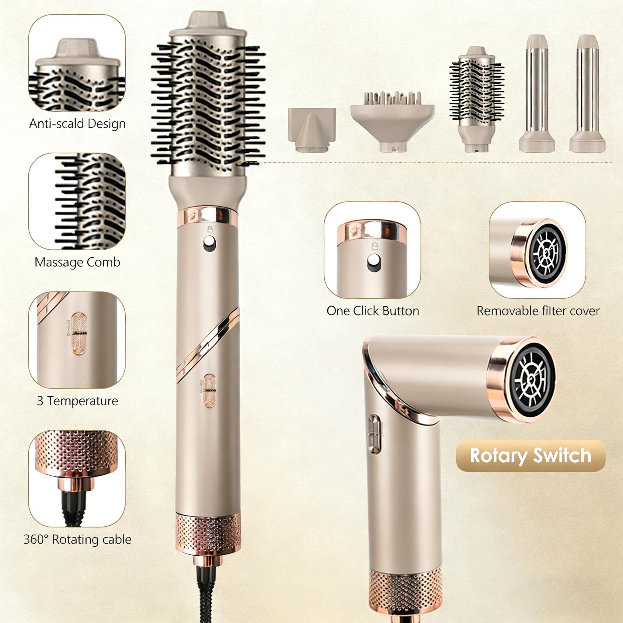 Anluomania Spazzola Asciugacapelli 5 in 1, Spazzola Ad Aria Calda 1000W, Asciugacapelli, Air Styler, Ferro Arricciacapelli Ad Aria Calda, 3 Temperatura, per Capelli Ricci, Volumizzante, Lisciante