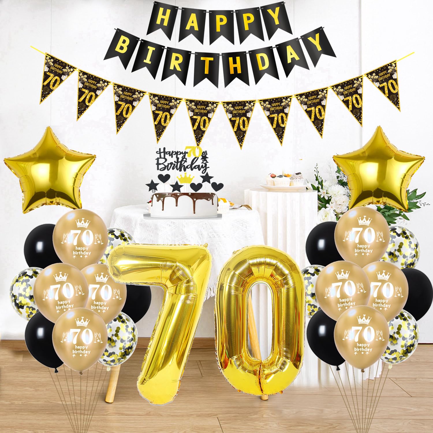 Globos Oro Y Negro Para 70 Cumpleaños – Pack Mixto Lámina Y Látex, Decoración Feliz