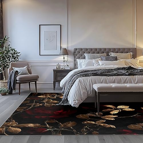 Miniatura 4 de Alfombra lavable de 6 x 9 pies alfombra antideslizante con patrón de rosas vintage para sala de estar, resistente a las manchas, alfombra suave