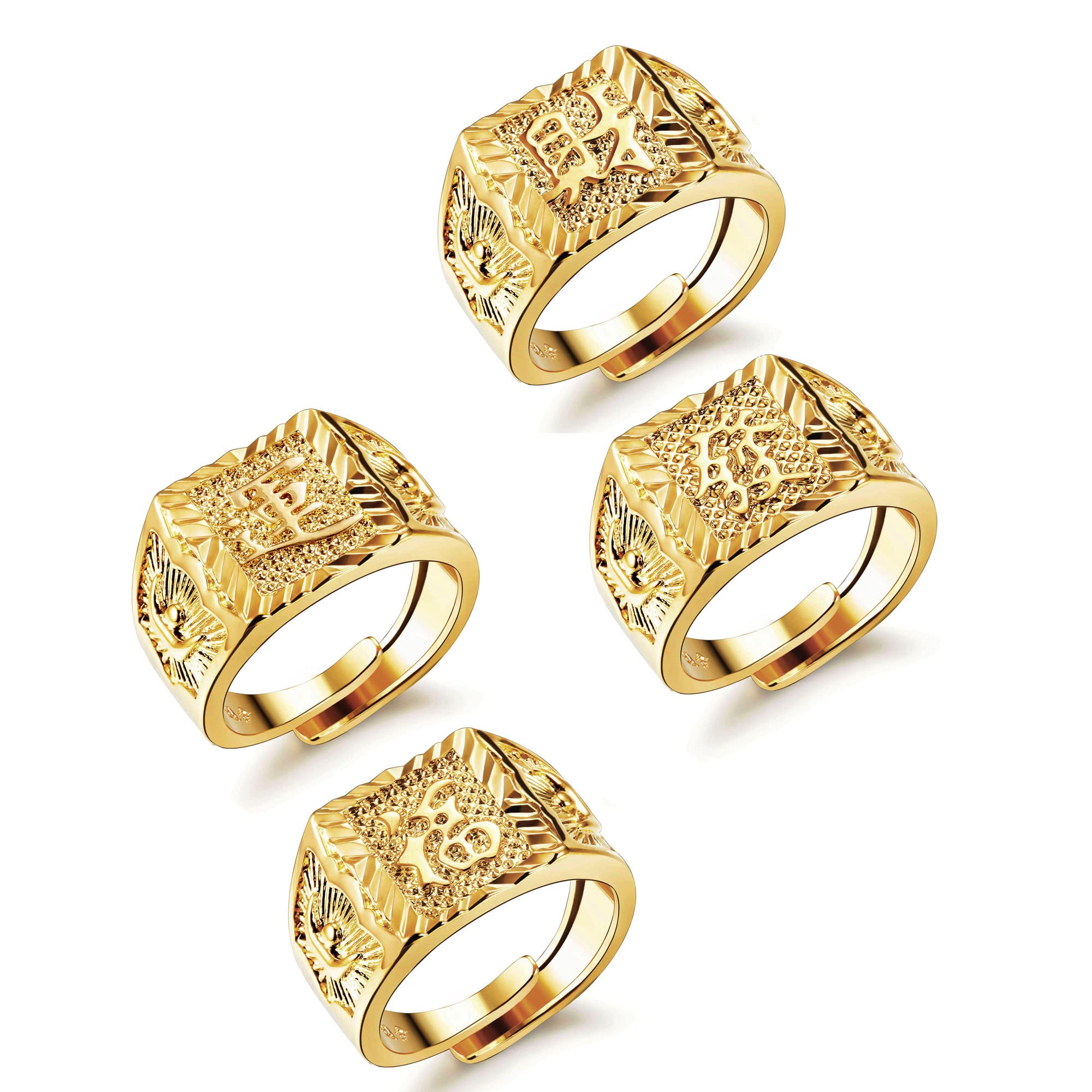 JeryWe 3/4 Pcs Anillo Chapado en Oro de los Hombres Anillo de Sello Ajustable,Anillo de Dedo Pulgar Abierto,Anillo de Boda, Anillo de Kanji Riqueza de Suerte Juego de Anillos,Oro Bendice Todo