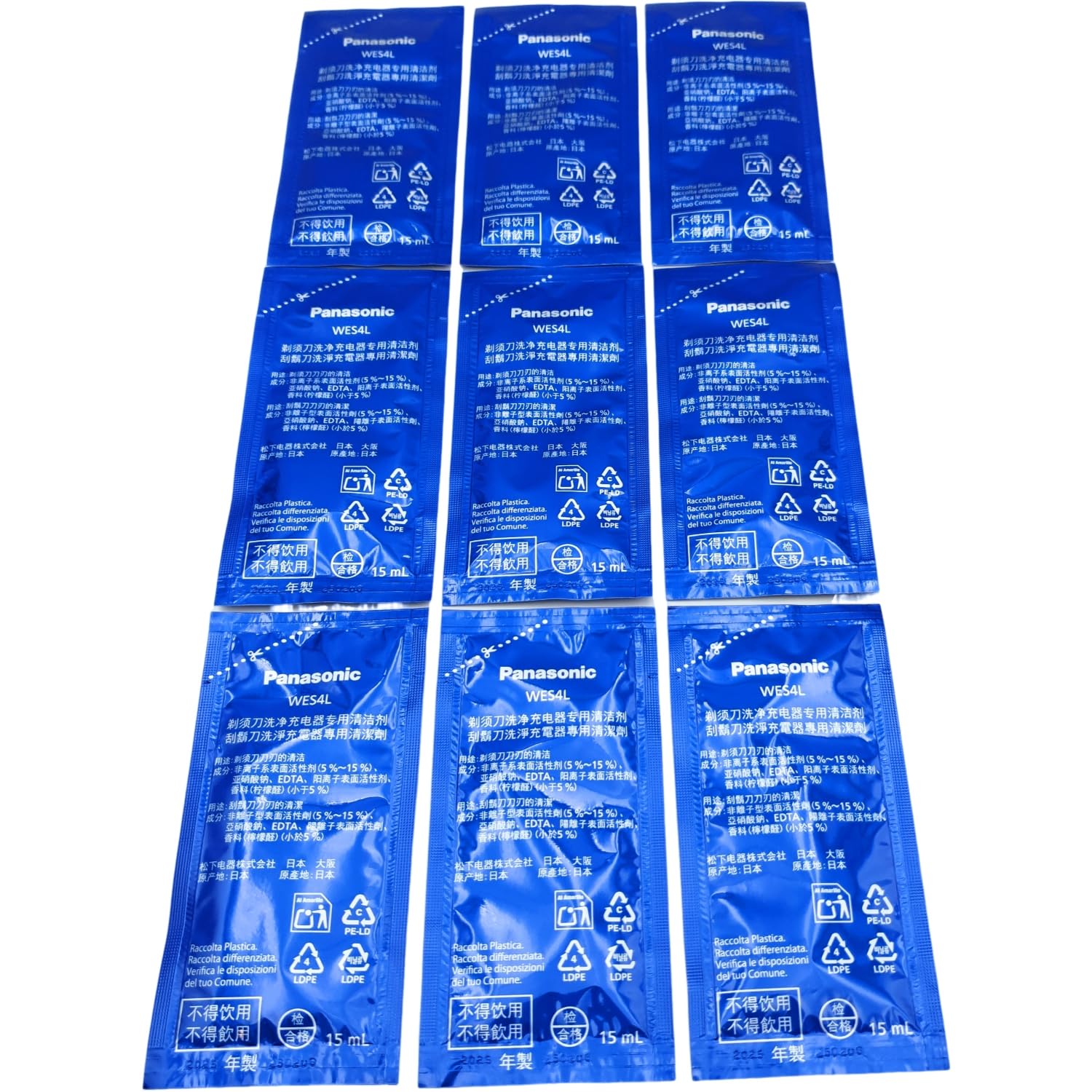 WES4L03-803 Lot de 3 flacons de liquide de nettoyage et de charge compatible avec Panasonic ES-LS9A ES-LV9Q ES-LV9N ES-LV97 ES-LV95 3 x 15 ml (9 sachets) sans système de cartouche