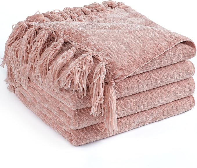 Chenille Throw Blanket for Couch 50"X 60", Soft Cozy Throws with Fringe Tassel for Bed Sofa Chair Cover, Lightweight Knitted Decorative Boho Blankets for Living Room, Mauve
