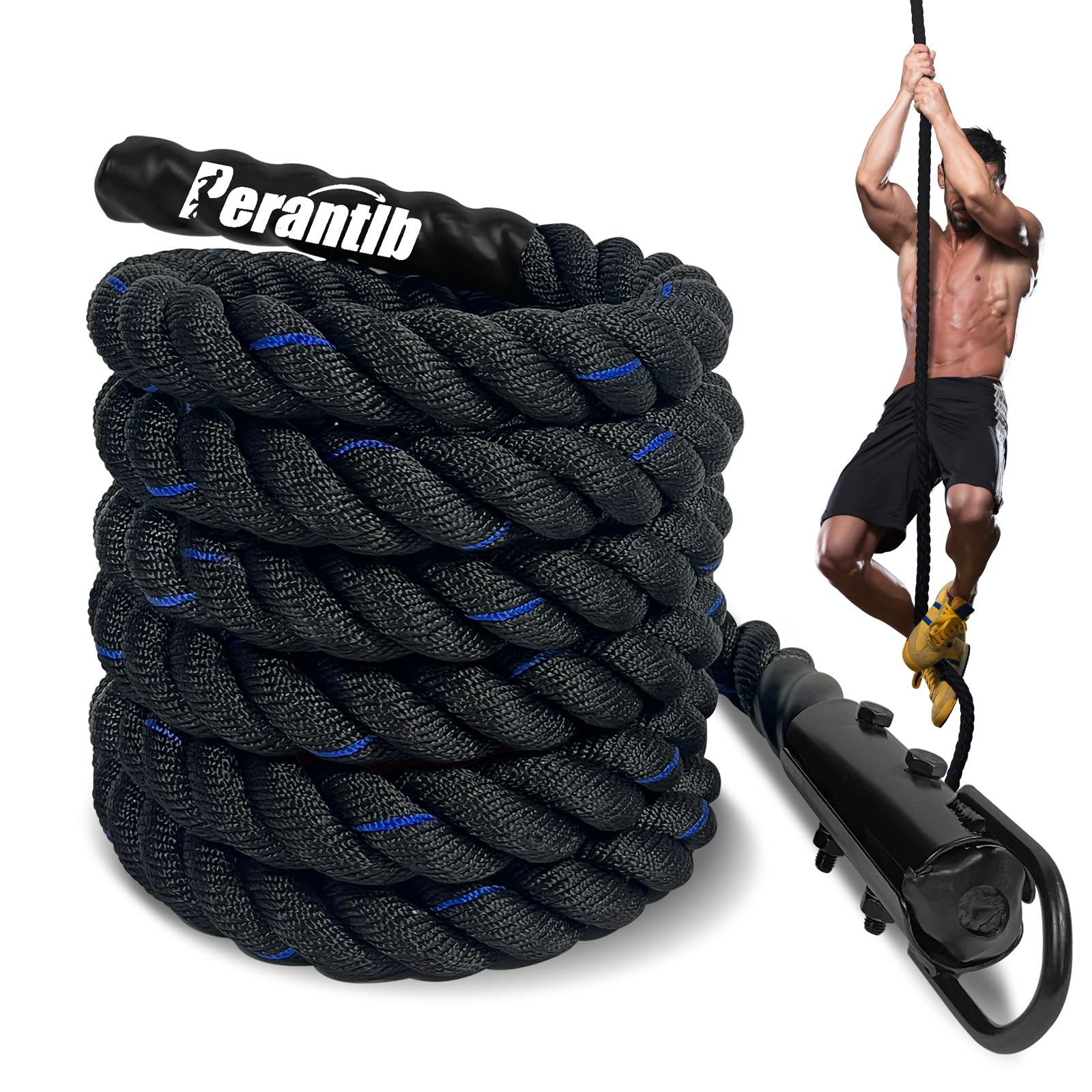 Photo 1 of 100% Polyester Climbing Rope with Hooks - Heavy Duty 1000LBS Load Capacity, 1.5inch Diameter, 10,15,20,25,30,50ft Length for Outdoor Rock Climbing, Rescue & Escape (10ft)