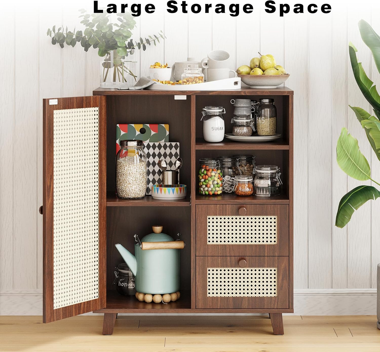 Casaphoria Rattan Buffet Cabinet with Storage, Sideboard Cabinet with 2 Drawers and Adjustable Shelves, Farmhouse Coffee Bar Station Table for Kitchen, Livingroom and Dining Room, Walnut