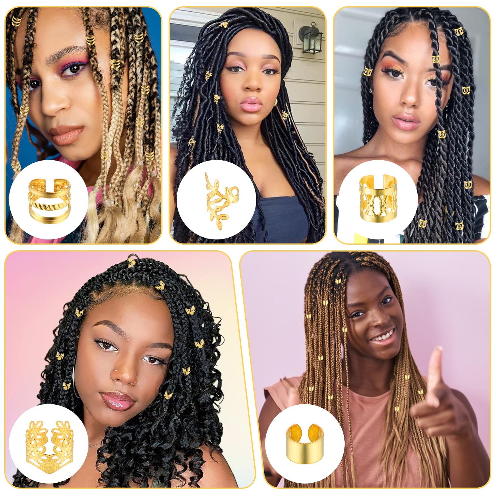 50 piezas de joyería dorada para el cabello para trenzas, accesorios Loc, joyería para rastas de cabello, anillos ajustables para el cabello, dijes para el cabello, joyería trenzada, cuentas 2