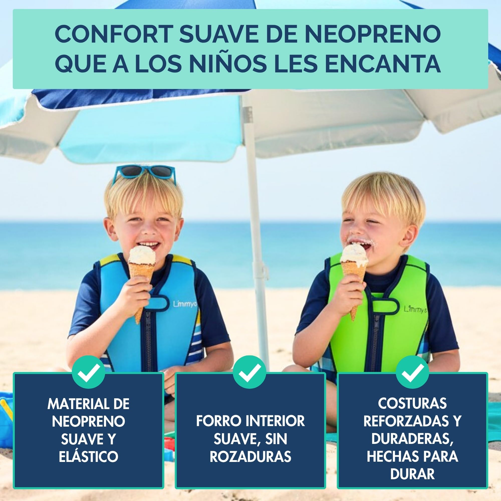 Chaleco de Natación Limmys para Niños – Sistema de Flotación Ajustable de 8 Paneles, Certificado CE, Diseño Premiado, Neopreno Suave, Construcción Resistente, Bolsa de Transporte Incluida