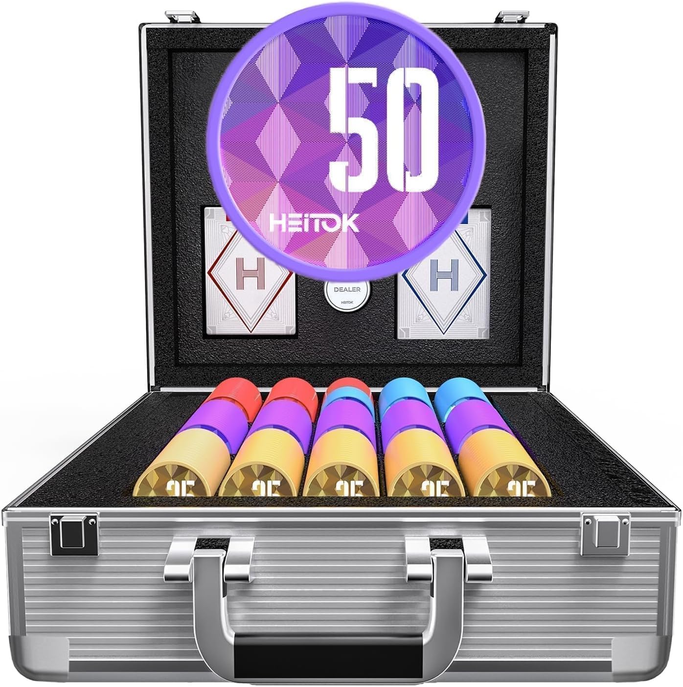 HEITOK 600-Piece Casino Poker Chip Set with Denominations, 11.5g Weighted Chips, 2 Decks, Compact Aluminum Case for Texas Hold'em, Blackjack
