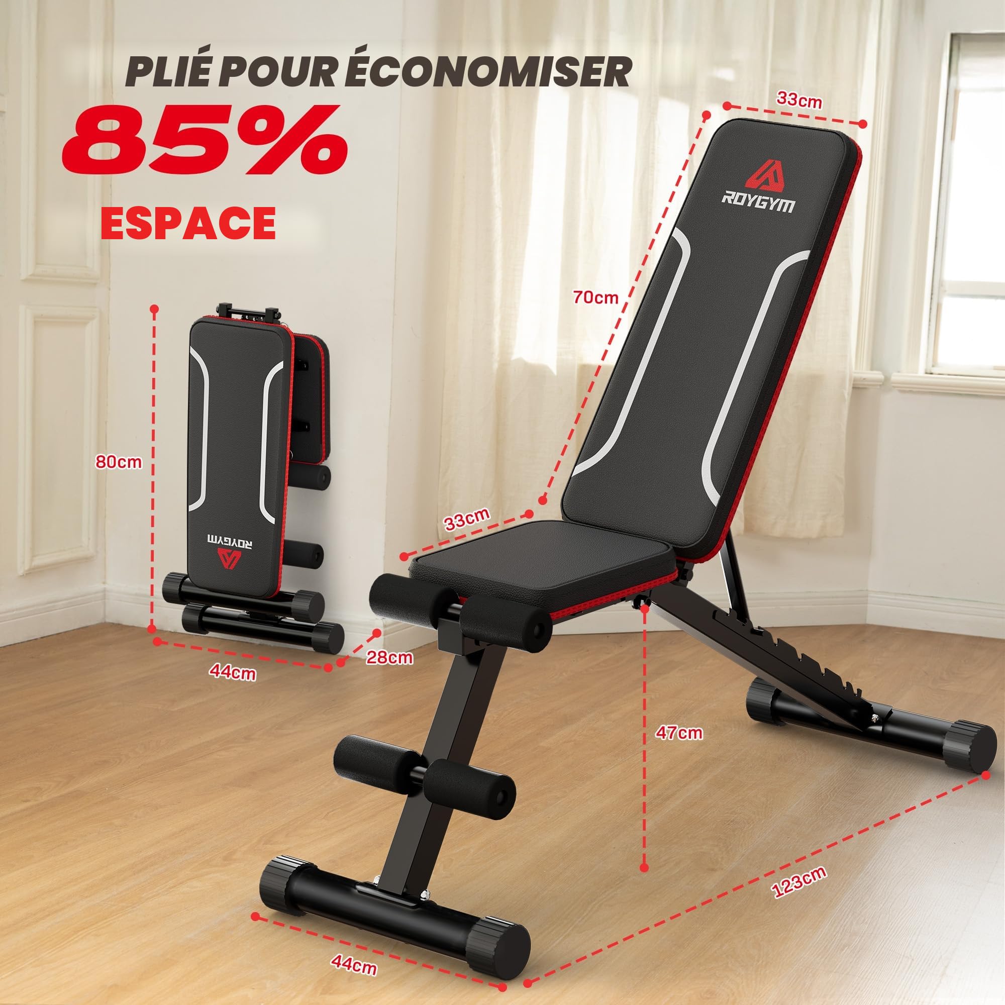 Roygym Banc de musculation pliable multifonction avec dossier réglable, banc de musculation incliné pour entraînement complet du corps, charge de 300 kg/400kg