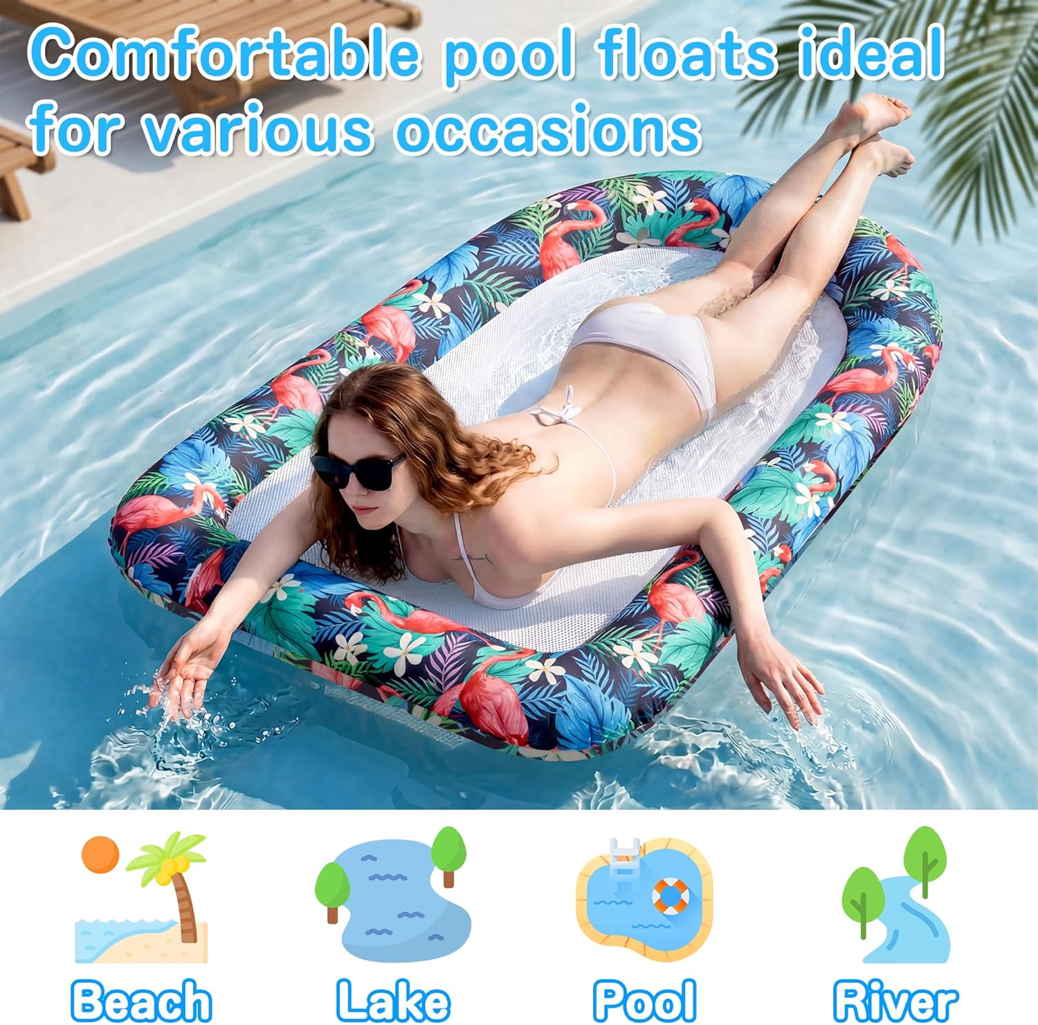 FindUWill Inflatable Pool Floats for Adult, Soft Fabric Covered Pool Lounger Floating Chair with Cooling Mesh, Heavy Duty Pool Float Rafts for Pool Summer Beach Lake