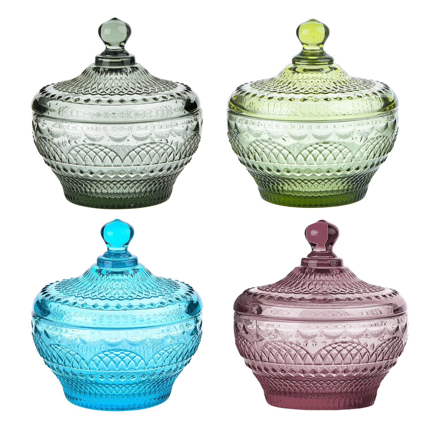 Sungmor Lot de 4 bocaux de rangement vintage en verre gaufré avec couvercle - Plats décoratifs colorés en cristal violet - Jolis bols couverts pour chocolat, dessert, crème glacée, buffet