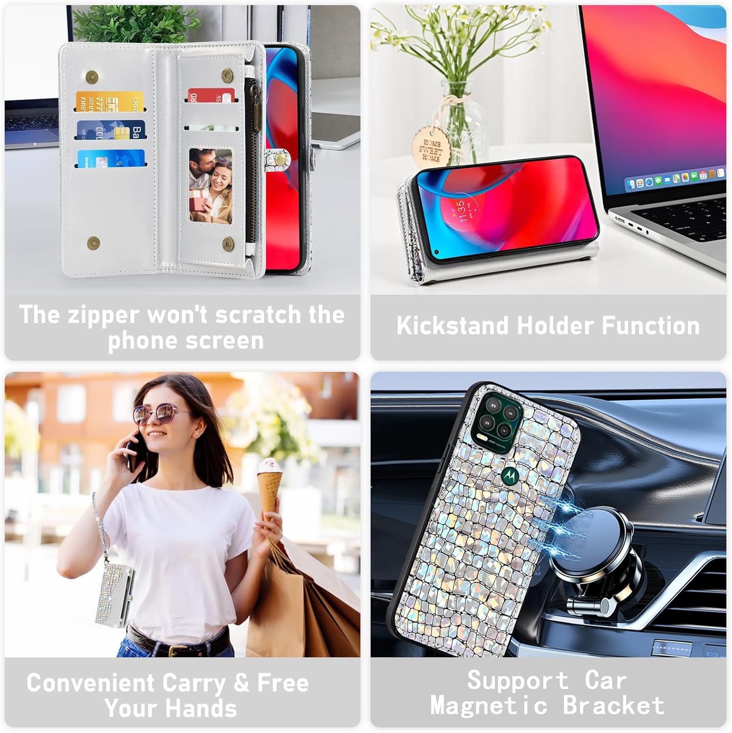 Asuwish Phone Case for Moto G Stylus 5G 2021 Zipper Wallet Detachable with Screen Protector Cover and Card Holder Slot Wrist Strap Flip Folio Cell Purse Motorola GStylus G5 XT2131DL Women Men Silver