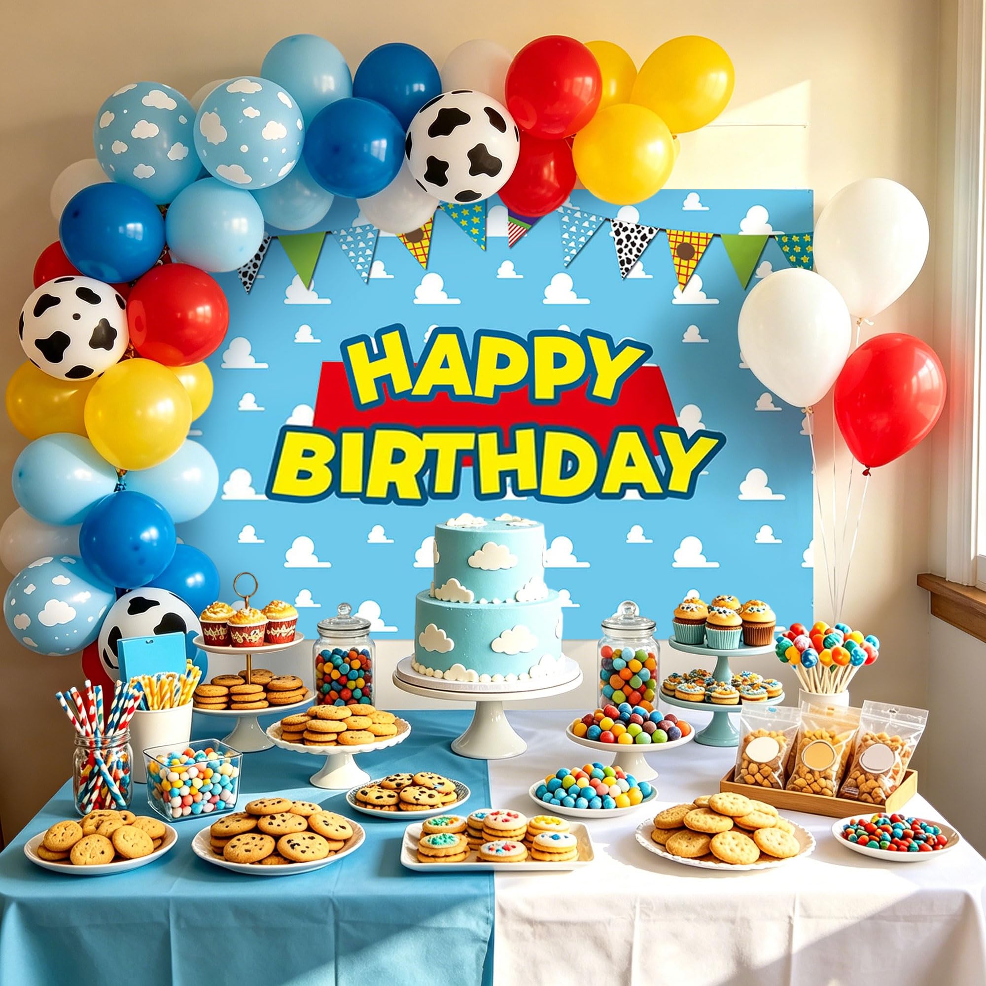 LaVenty Toy Birthday Party Banner Garland Backdrop Balloons Favors for Cowboy Decoration Birthday, Blue - Image 4