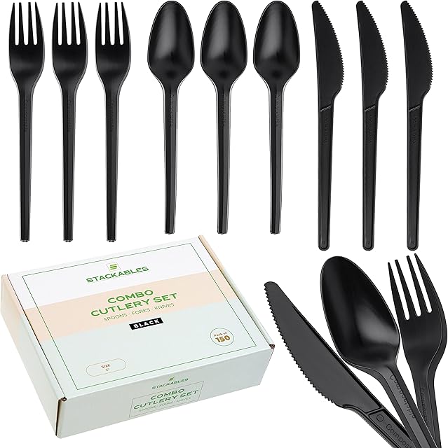 STACKABLES ~ 150 Pack Black Plastic Cutlery Set ~ Reusable Biodegradable CPLA Spoons Forks & Knives ~ Elegant Party Flatware Set for Wedding Picnic Home & Office