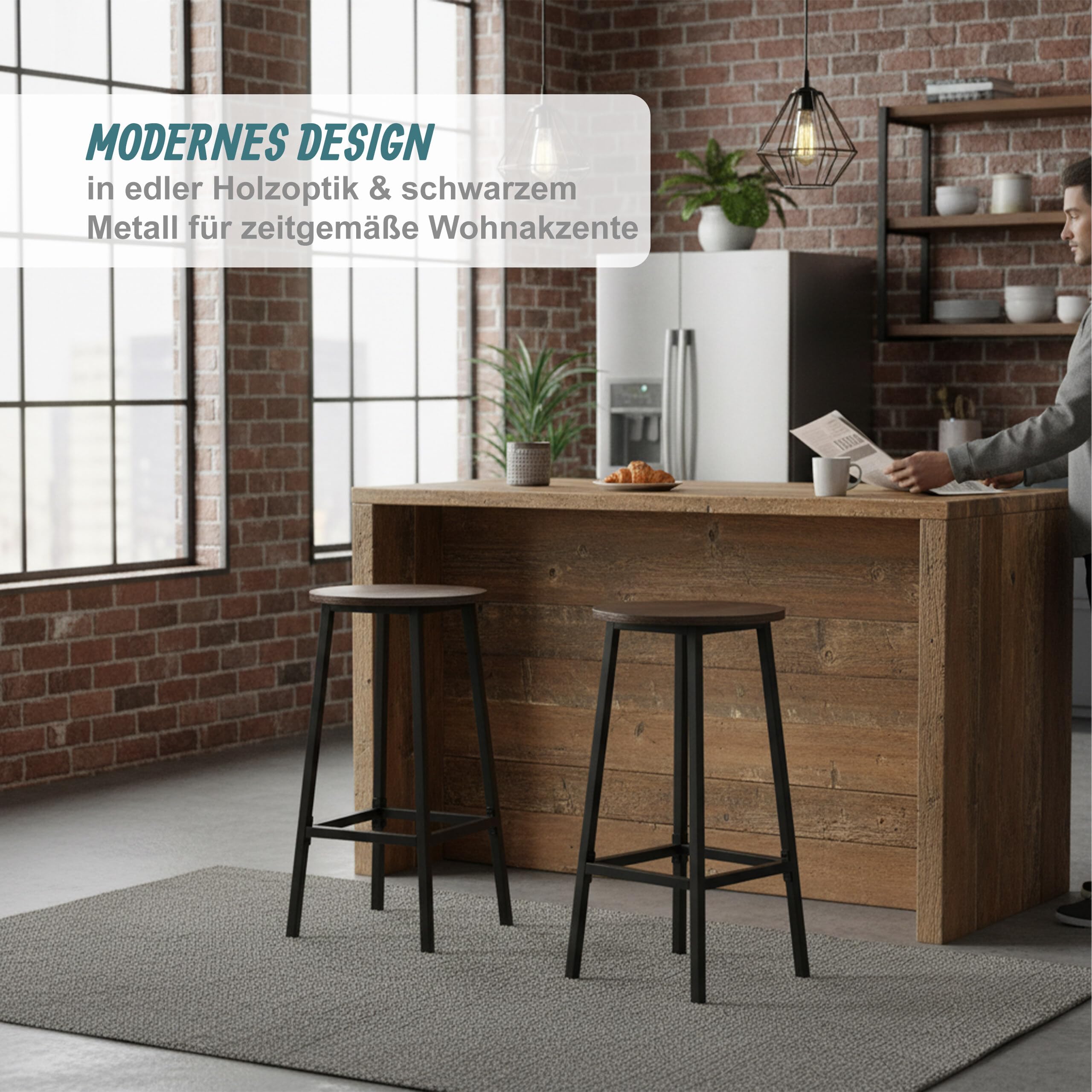 Relaxdays Barhocker, 2er Set, HxD: 65 x 32 cm, mit Fußstütze, Holzoptik & Metall, Barstuhl für Küche, Farbauswahl