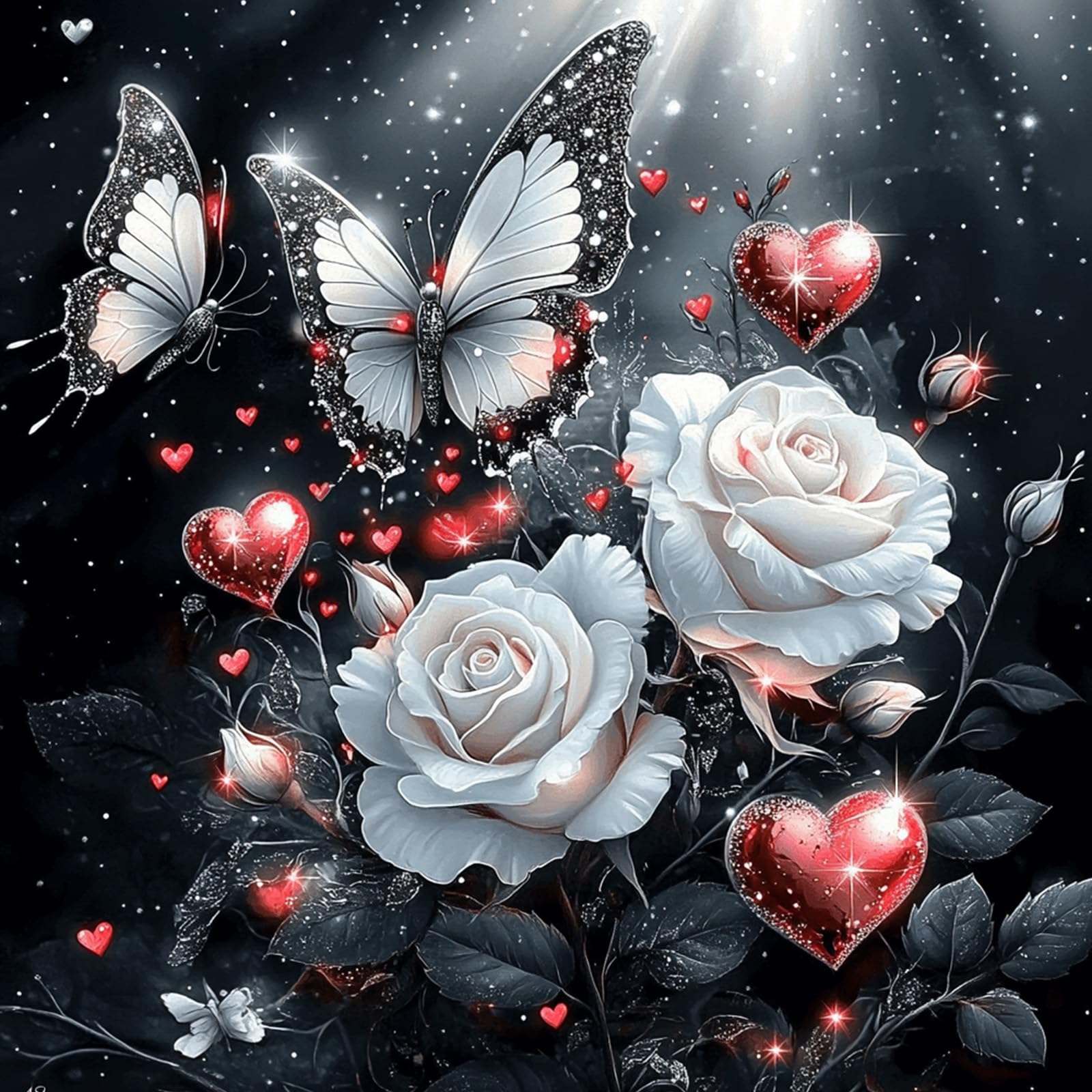 QENSPE White Rose Diamond Art Kits Adults 5d Diamond Painting Butterfly for Beginners Gem Art Full Round Crystal Embroidery Painting DIY Crafts Home Wall Decor (12x12 inch Canvas)