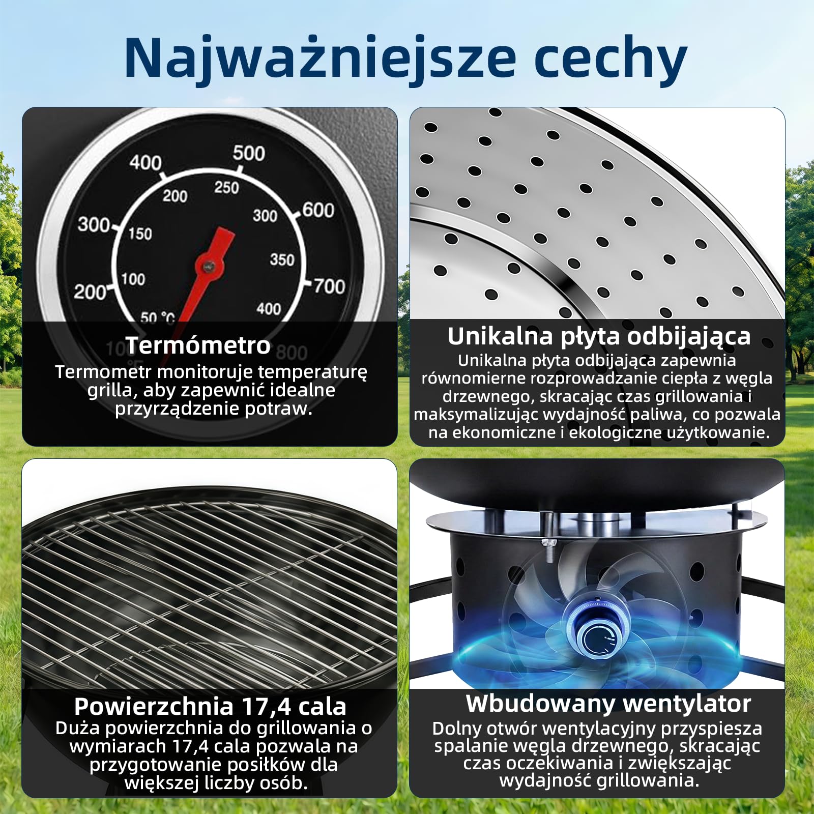 Grill na węgiel drzewny z regulowanym wentylatorem, przenośny grill kempingowy 18 cali, łatwy do rozpalania węgiel drzewny, mały grill stołowy grill kempingowy z pokrywką, do ogrodu, na kemping, na