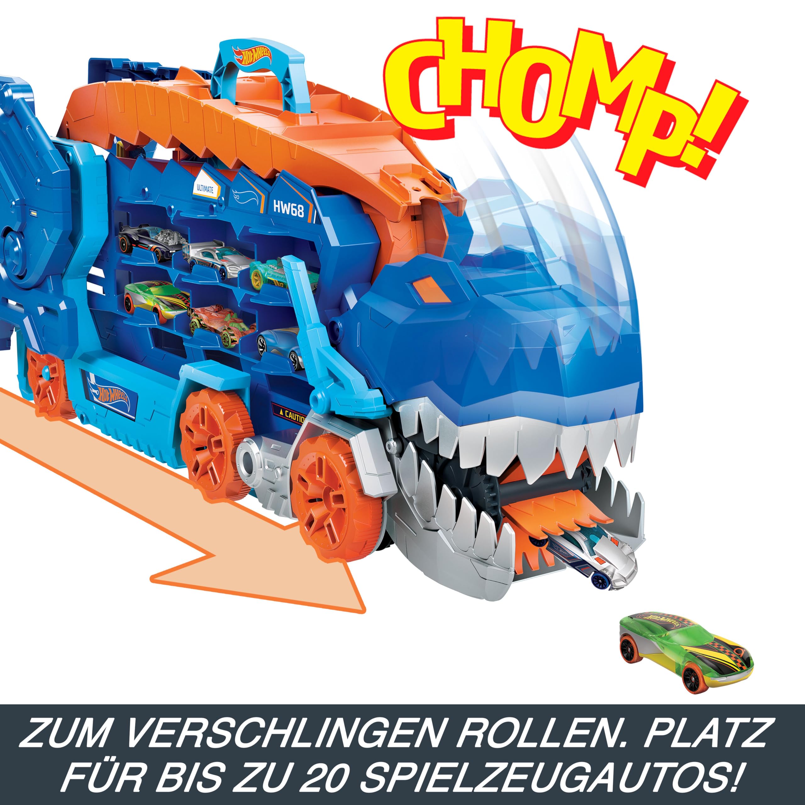 Hot Wheels Let's Race Netflix Transporter zu T-Rex Autorennbahn mit Beleuchtung und Geräuschen, inkl. 2 Spielzeugautos, Platz für 20 Autos, ab 4 Jahre HNG50
