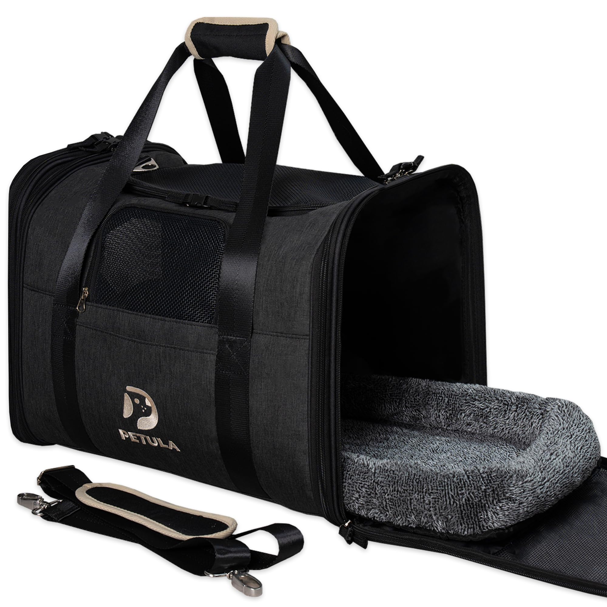Petula Katzentasche & Hundetasche – Faltbare Katzentransporttasche für Katzen & kleine Hunde bis 13 kg – Formstabil, mit Innenmatte, Belüftung, Katzentransportbox, Transportbox (Schwarz)