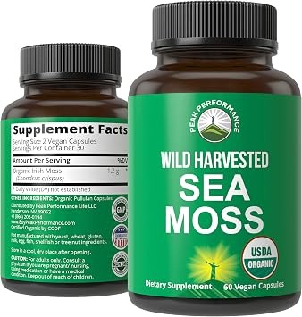Peak Performance Organic Sea Moss Capsules - Wild Harvested Sea Moss Raw Vegan Supplement from Red Algae Seaweed - 100% Whole Extract Irish SeaMoss Superfood Pills - Gut, Respiratory, Immune Support