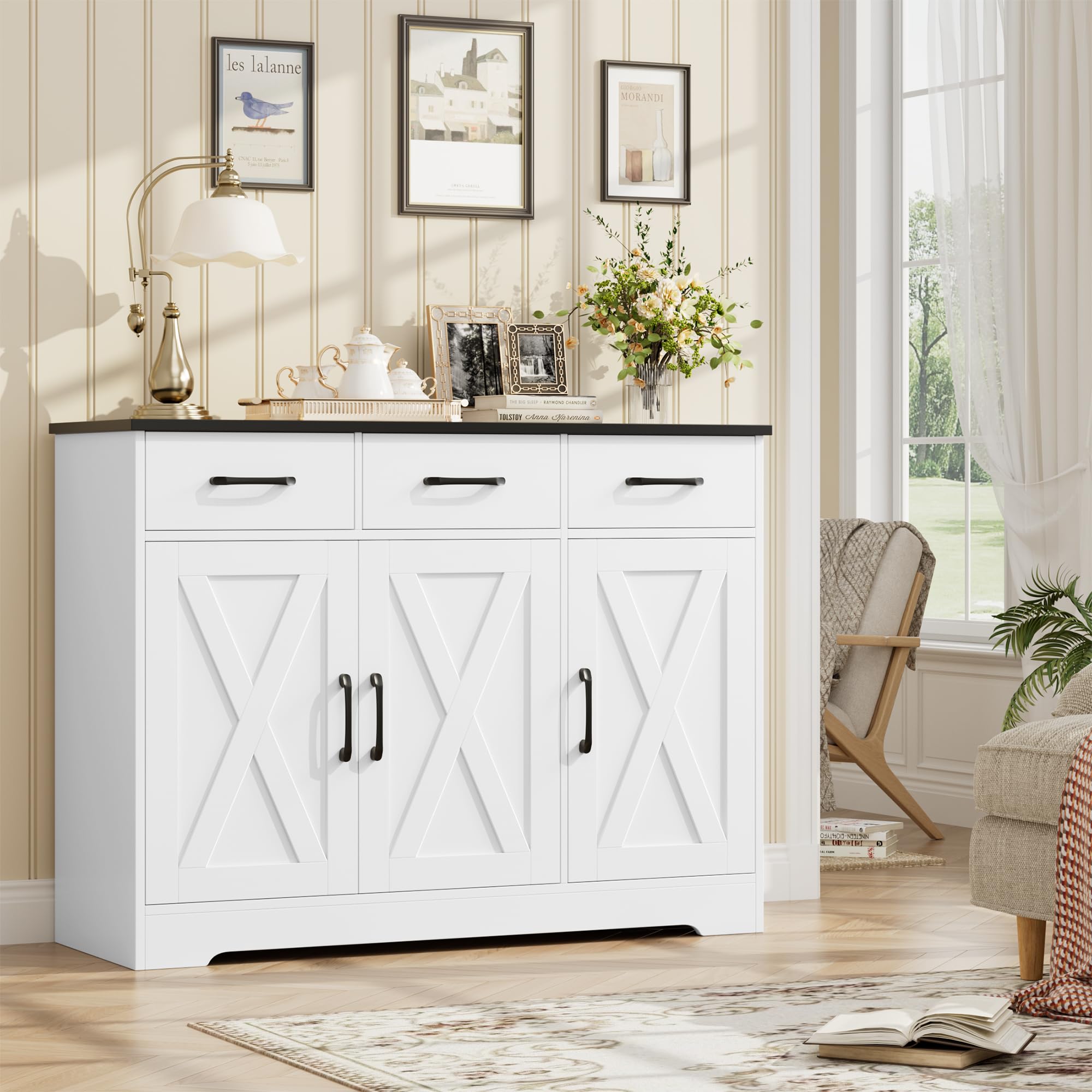HOCSOK Credenza, Mobile Cucina con 3 Cassetti e 3 Armadi，Buffet Mobile Moderno, Credenza Soggiorno, Mobile per Cucina Ingresso Foyer, Sala da Pranzo, Bianco+Nero