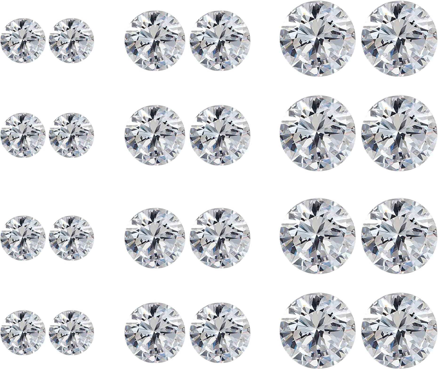 Parts Express 12 Pair Silver Alloy Diamond Magnetic Stud Earrings for Unisex No Hole Piercing 3Sizes 4MM,6MM,7MM