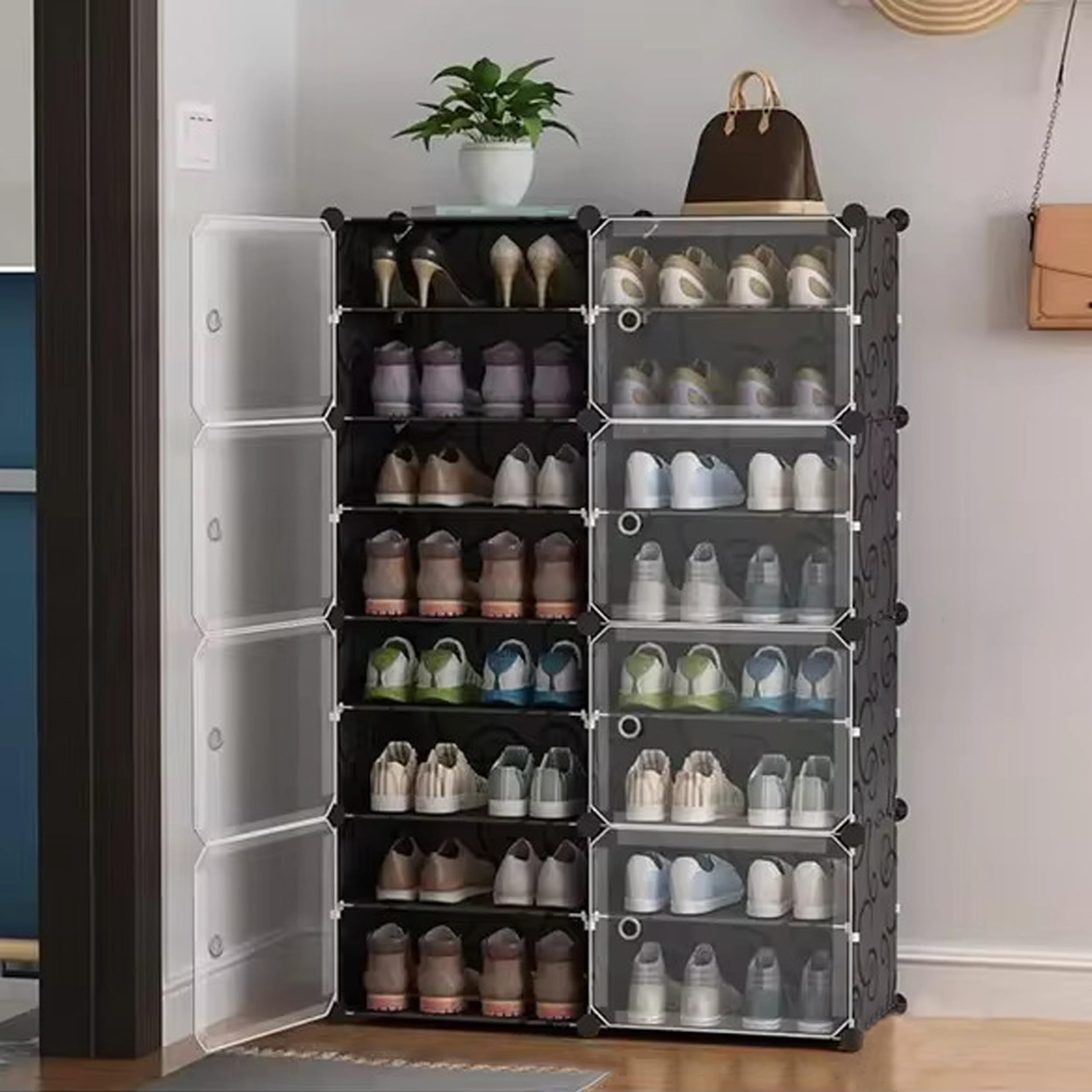 AYSIS 𝟏𝟔 𝐓𝐢𝐞𝐫 Shoe Rack for Home with Transparent Doors, Modular Dustproof Shoe Storage Cabinet, Foldable Plastic Space Saving Shoe Stand Organizer for Entryway, Bedroom & Living Room - Black