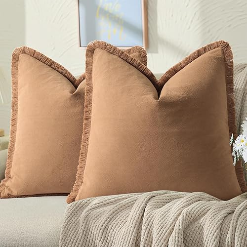 ZWJD Pillow Covers 22x22 Set of 2 Camel Throw Pillow Covers with Fringe Chic Cotton Decorative Pillows Square Cushion Covers for Sofa Couch Bed Living Room Farmhouse Boho Decor
