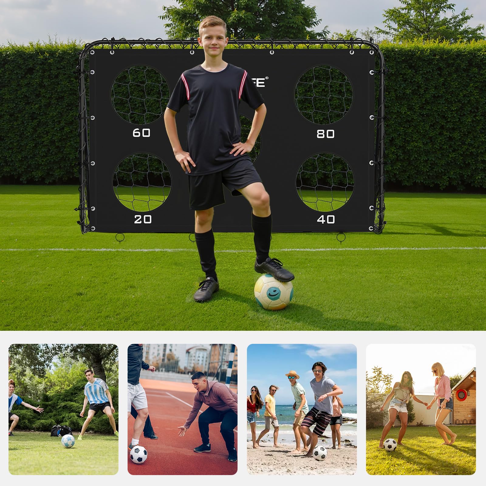 LARMNEE But de Football, Cage de Foot avec Mur Cible pour Enfant et Adulte, But de Football résistante aux intempéries, Mur Cible Amovible avec 5 Trous