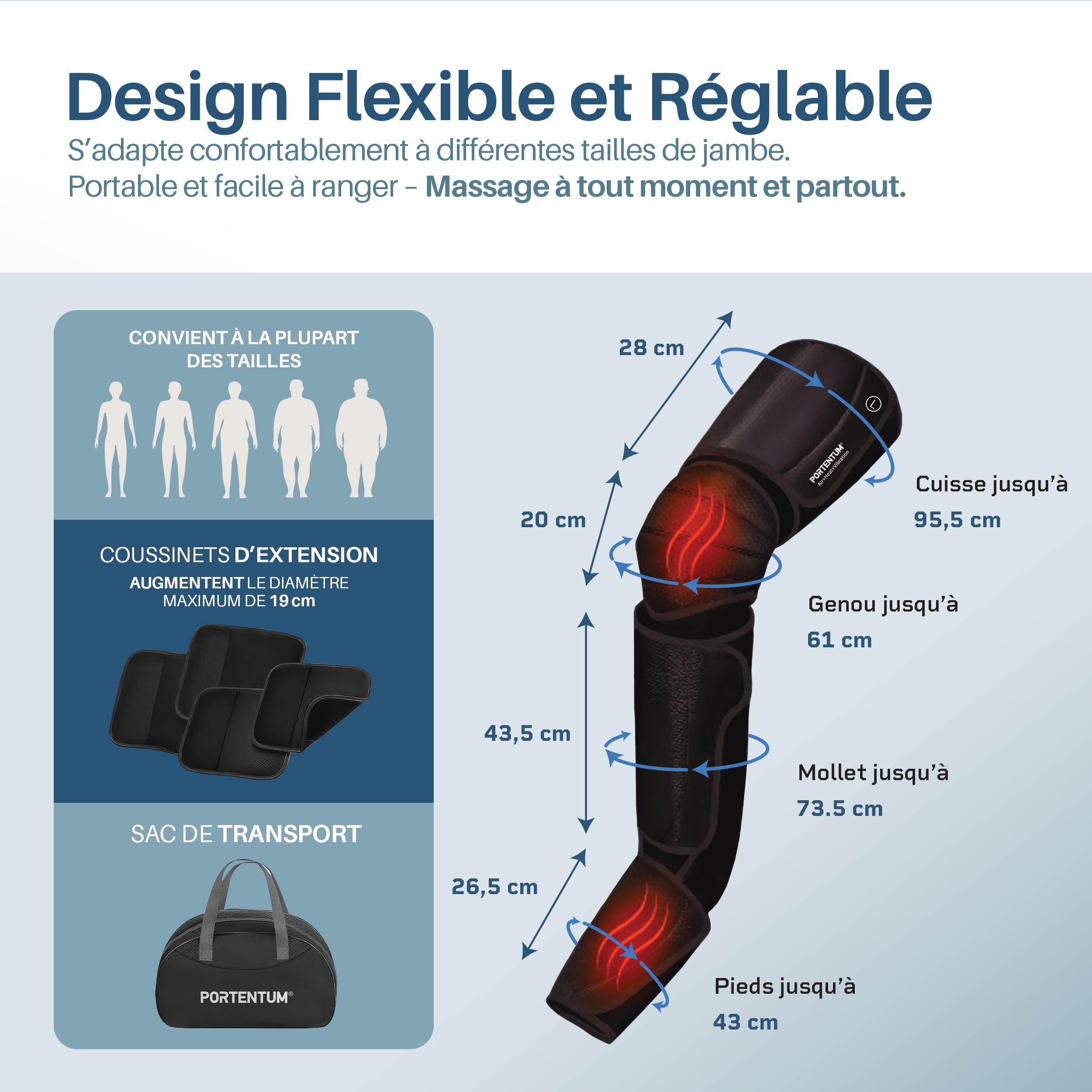 PORTENTUM Bottes de pressothérapie avec chaleur réglable – 5 niveaux de compression d’air – Télécommande – Favorise le drainage lymphatique – Soulage la sensation de fatigue et de lourdeur