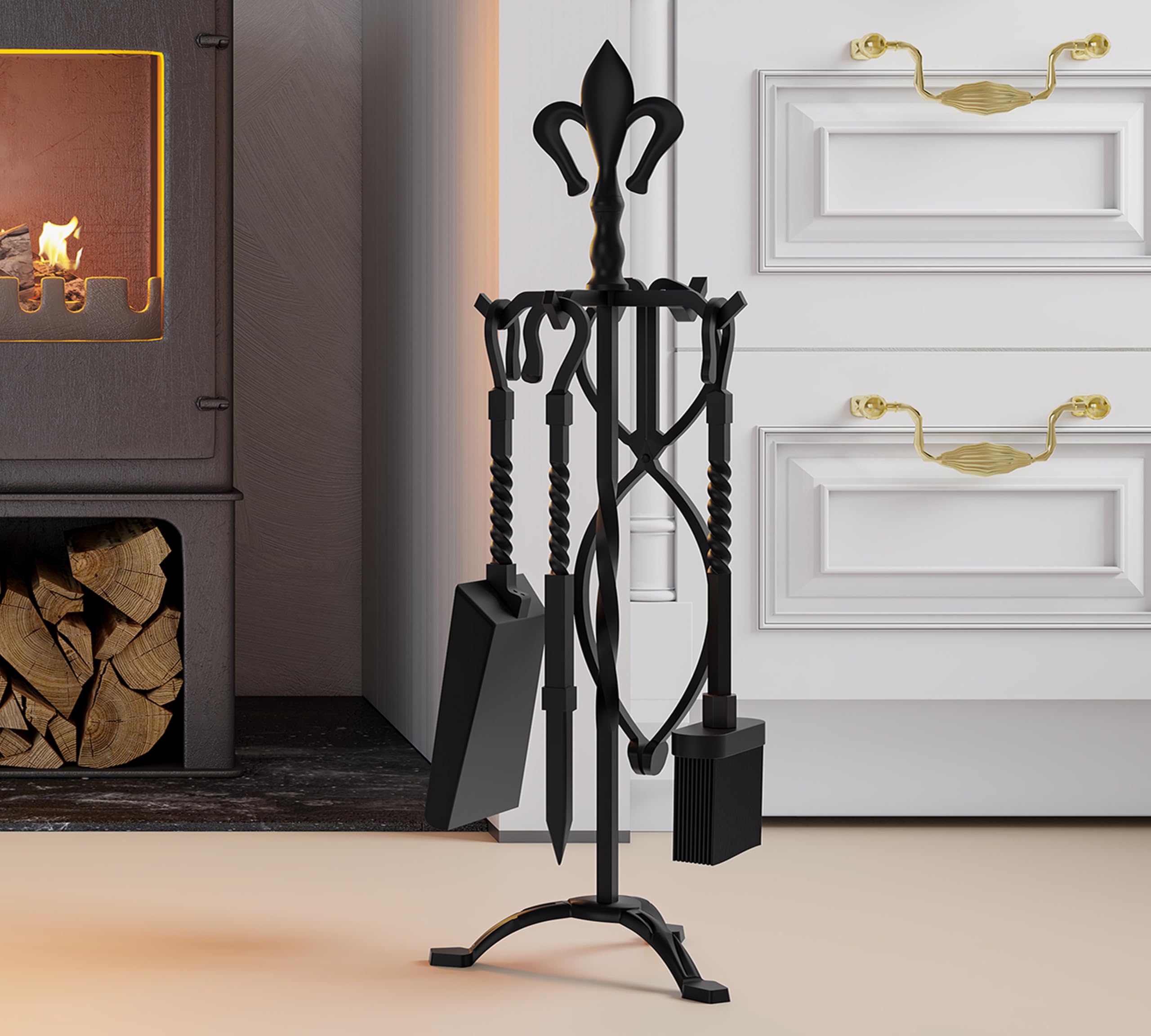 Kingson Set di 5 accessori per caminetto in ghisa, finitura nera, include attizzatoio, pinze, spazzola, pala e supporto, set di attrezzi per caminetti tradizionali, altezza 53 cm