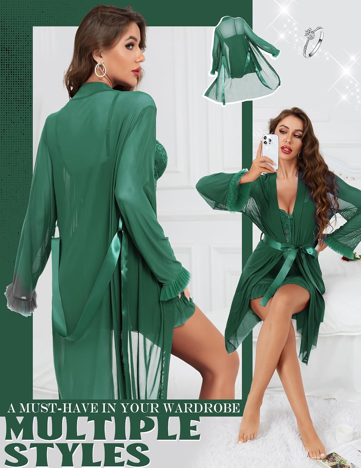 Women Sexy Lingerie Set, 3 Piece Babydoll with Mesh Kimono Robe & Lace Panty, Lace Trim Teddy Chemise Nightwear