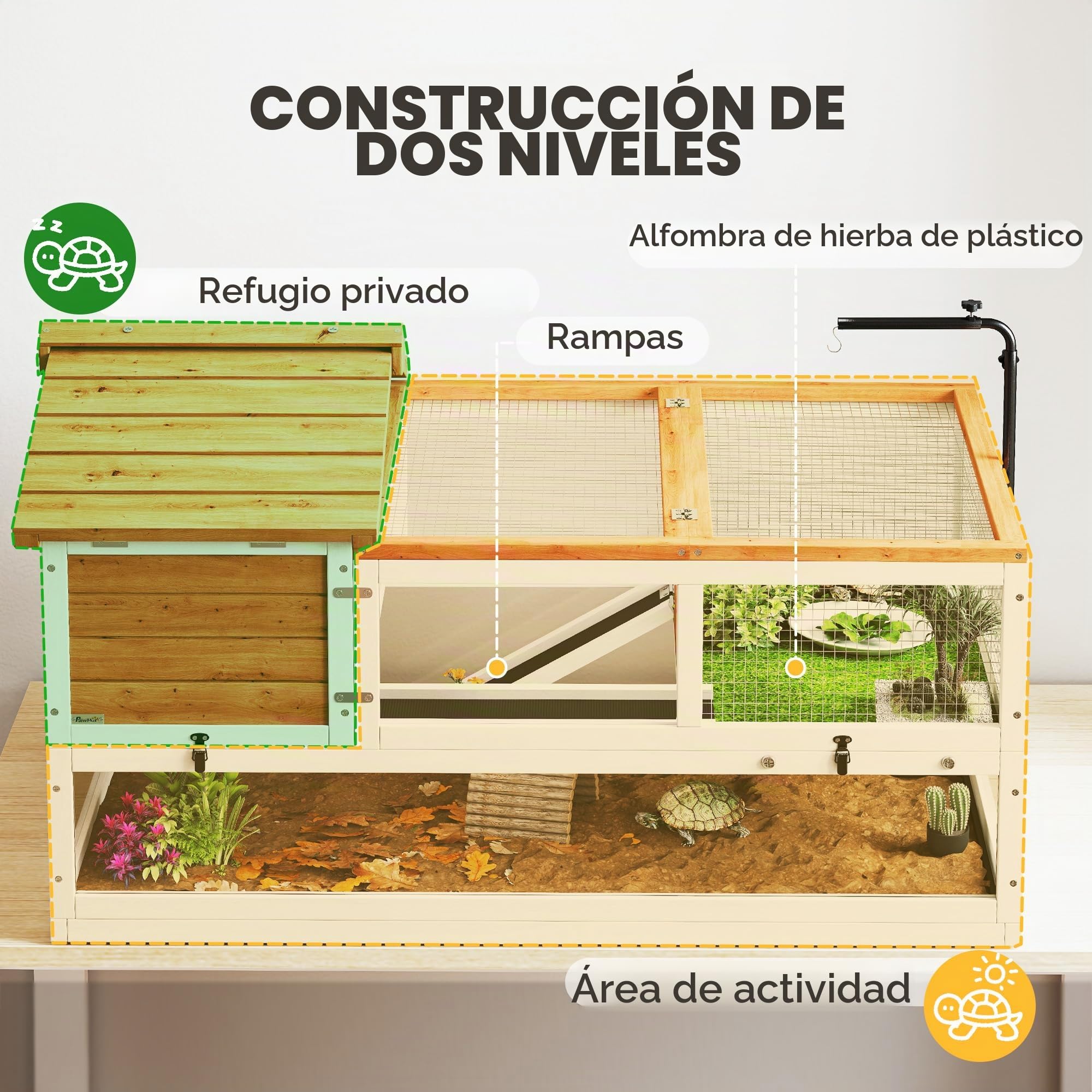 PawHut Casa para tortugas de madera con dos casas principales, soporte para lámparas, jaula de reptiles para exteriores, terrario para tortugas, reptiles, 116 x 70,5 x 69,5 cm, naranja