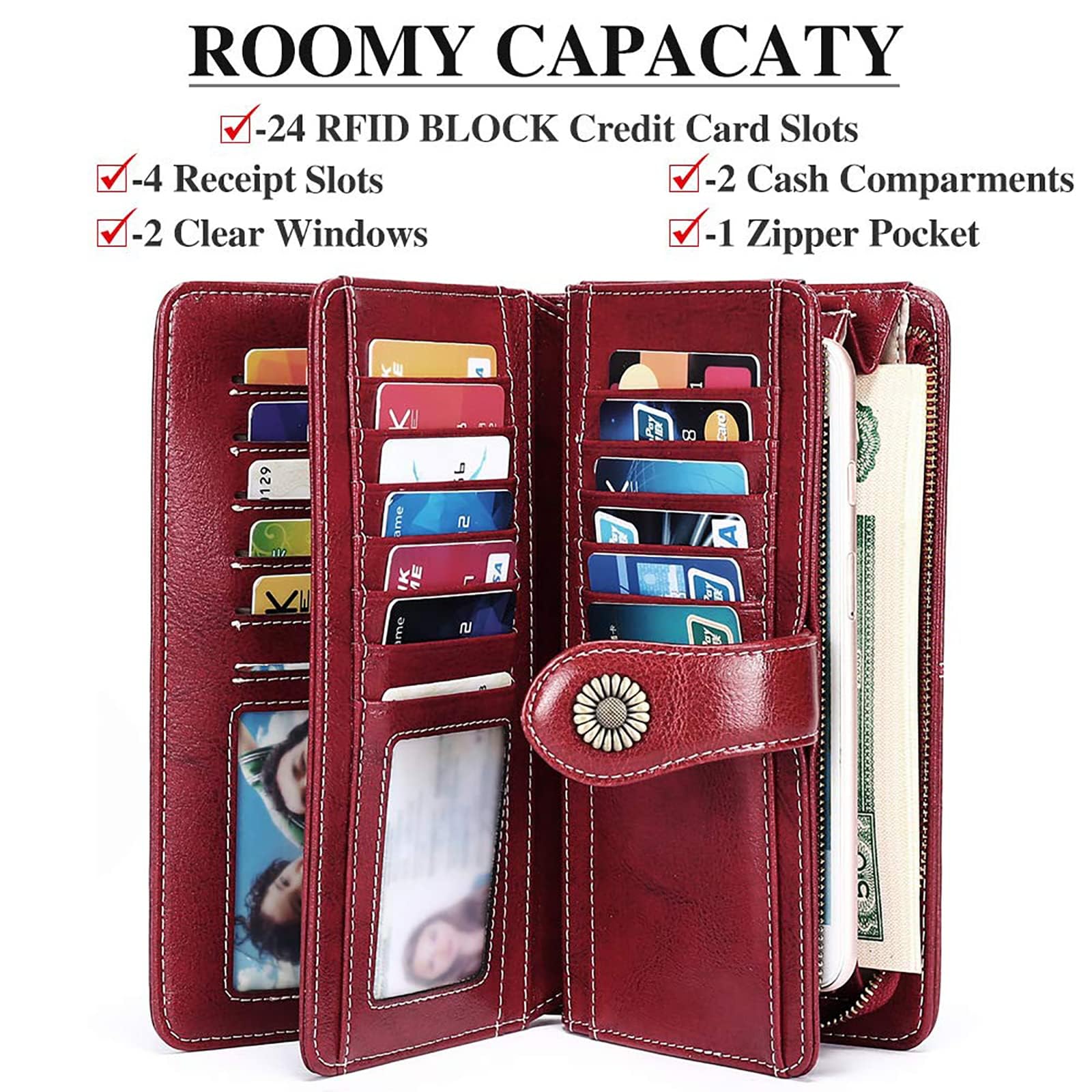 SENDEFN Portefeuille Femmes Portefeuille en Cuir Grande Femme Embrayage Protection RFID bloquant Grande capacité Long Portefeuille avec 24 emplacements pour Cartes et Bracelet Portefeuille