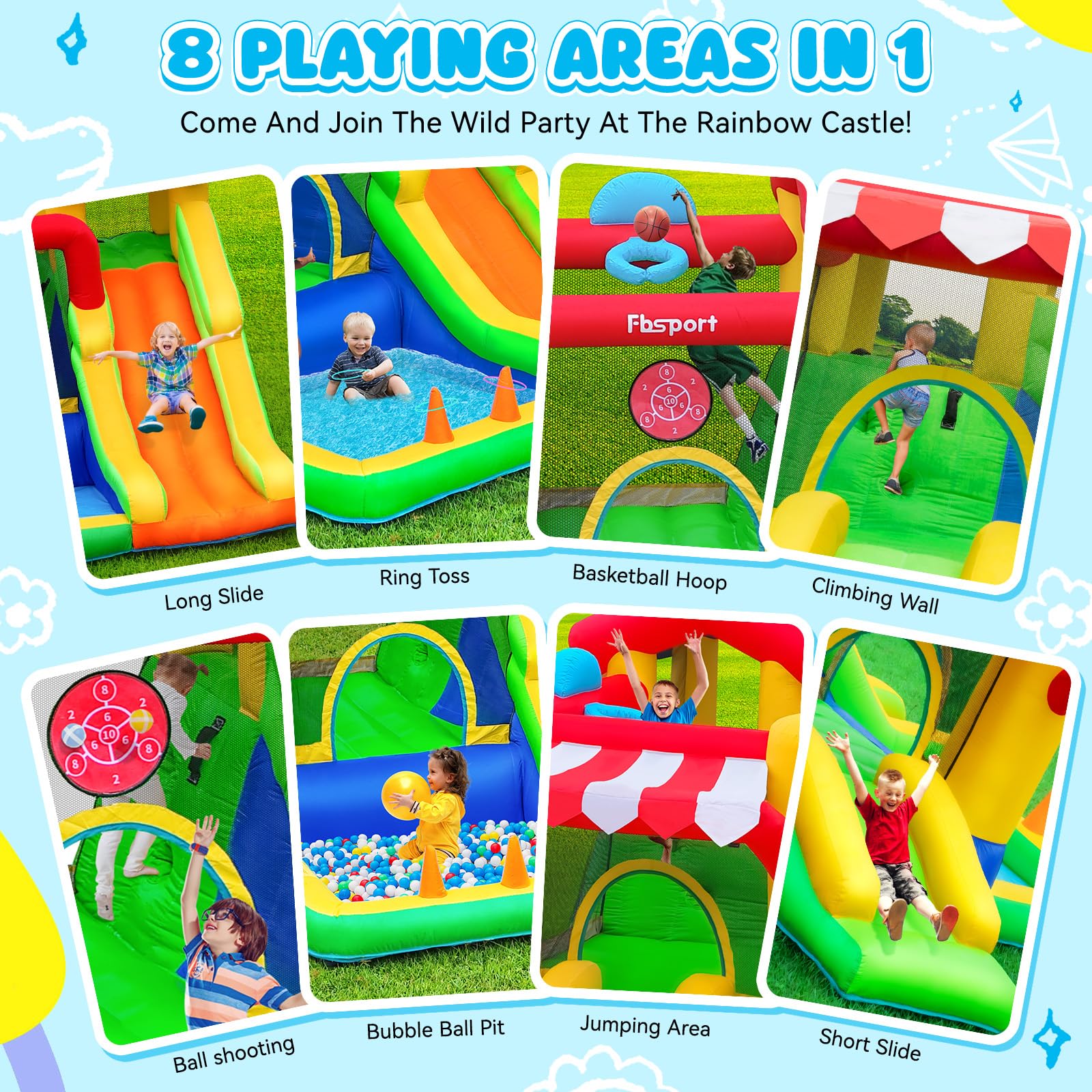 FBSPORT Castillo Hinchable para Niños con Doble Tobogán, Trampolín, Piscina de Bolas, Lanzamiento de Bolas, Muro de Escalada y Canasta de Baloncesto, para Jardín Interior Exterior, 322×305×208 cm