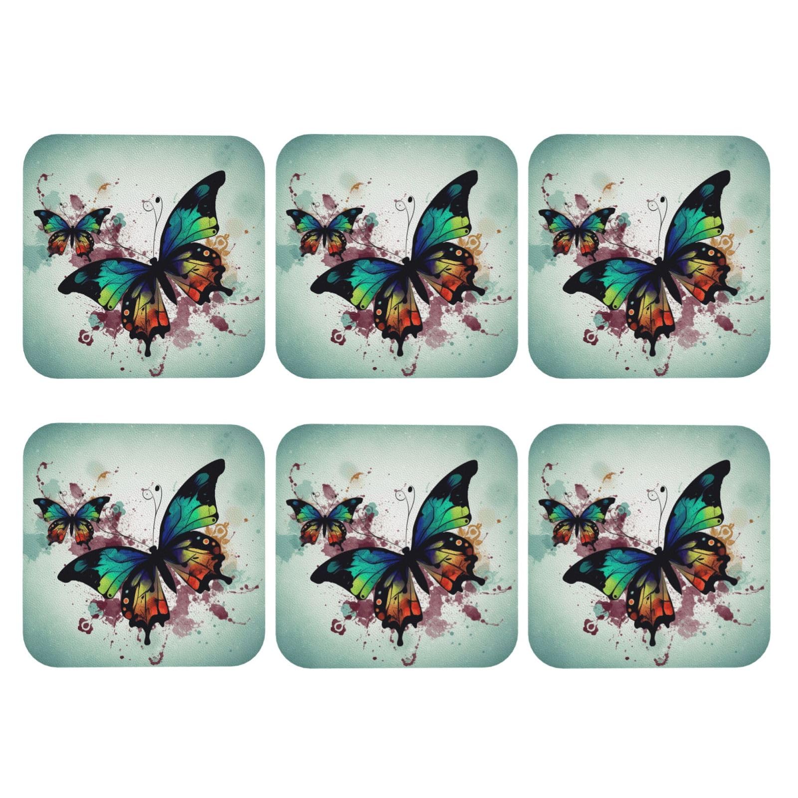 6Pcs PU Leather Coaster for Drinks, Artistic Butterfly Cup Coastersr 4" Cup Mat Pad, Aesthetic Drink Coasters for Coffee Table, Square Coaster for Tabletop Protection