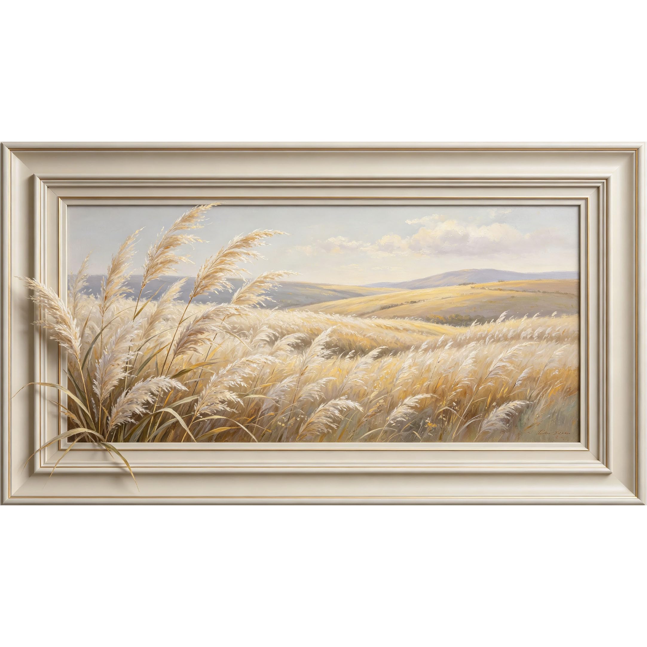QZLITHOTIC 50x90cm3D Framed Wall Art， Golden Wheat Field Landscape Self‑Adhesive Mural， Water‑Activated Peel & Stick Fabric Decor Wall Decal for Bedroom Living Room
