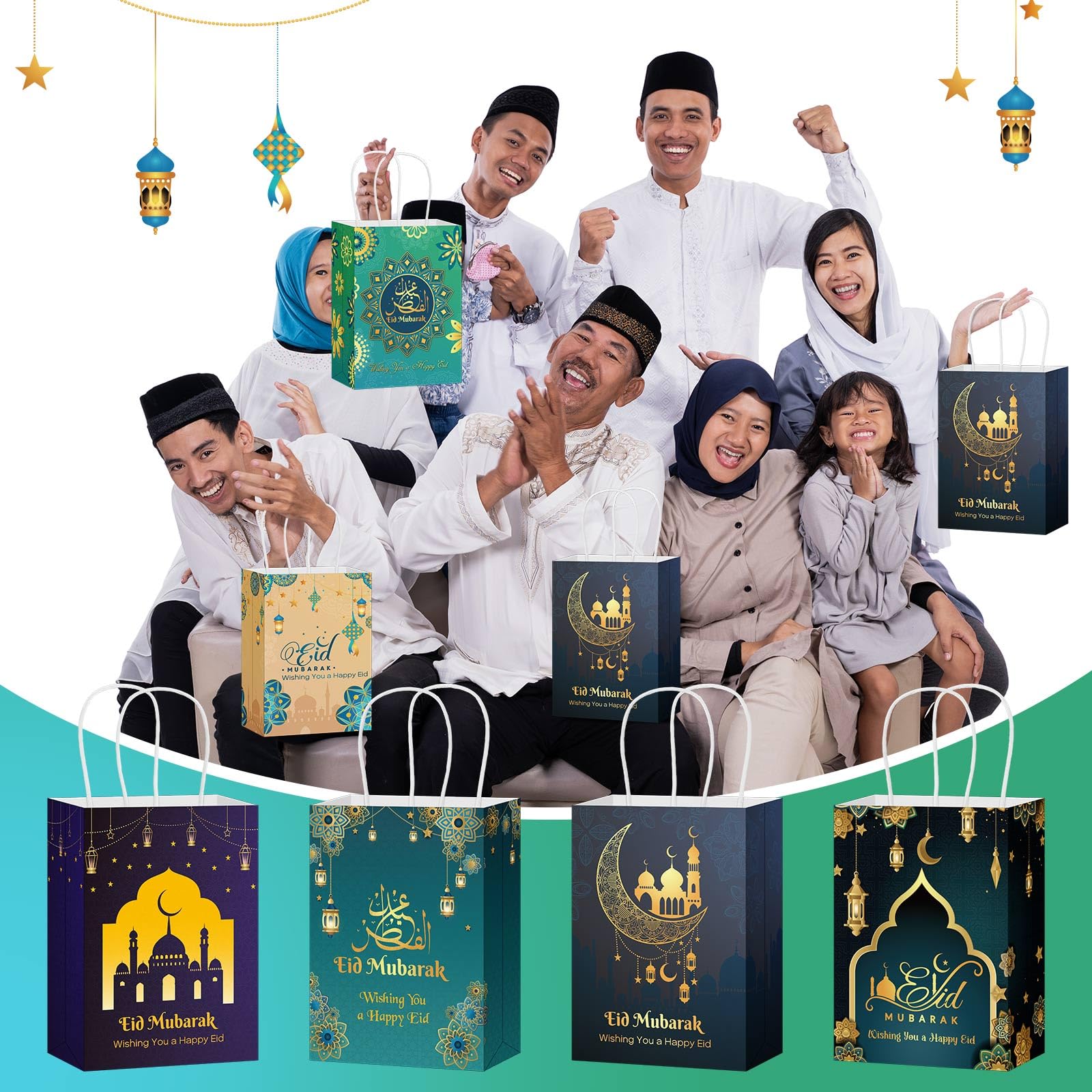 Cholemy 30 Pcs Eid Mubarak Gift Paper Bags with Handles Ramadan Gift Muslim Party Goody Treat Bags for Eid Mubarak Holiday Party Favor Supplies Decor Candy Gifts