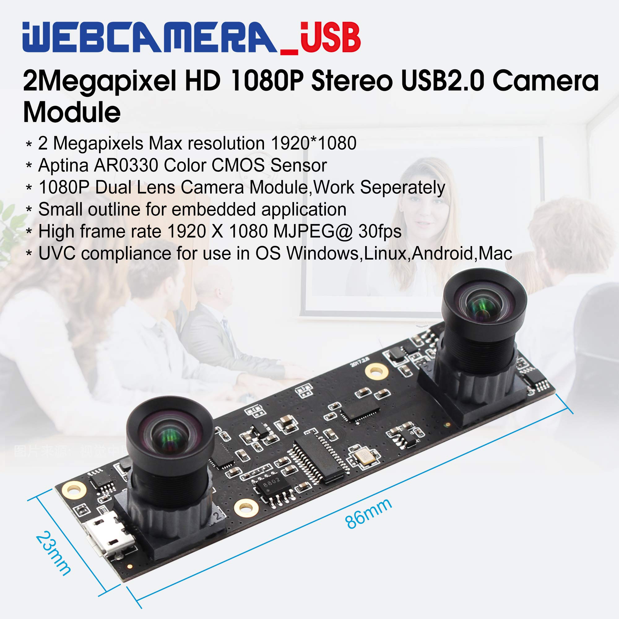 G Doppelobjektiv USB Kameramodul 1080p 30fps Webcam Board Modul,2MP Dual Objektiv USB mit Kamera,2Megapixel FHD 1/3" AR0330 Webkamera 100Grad Web Cam Windows Android Mac Linux Raspberry Pi Web Kamera