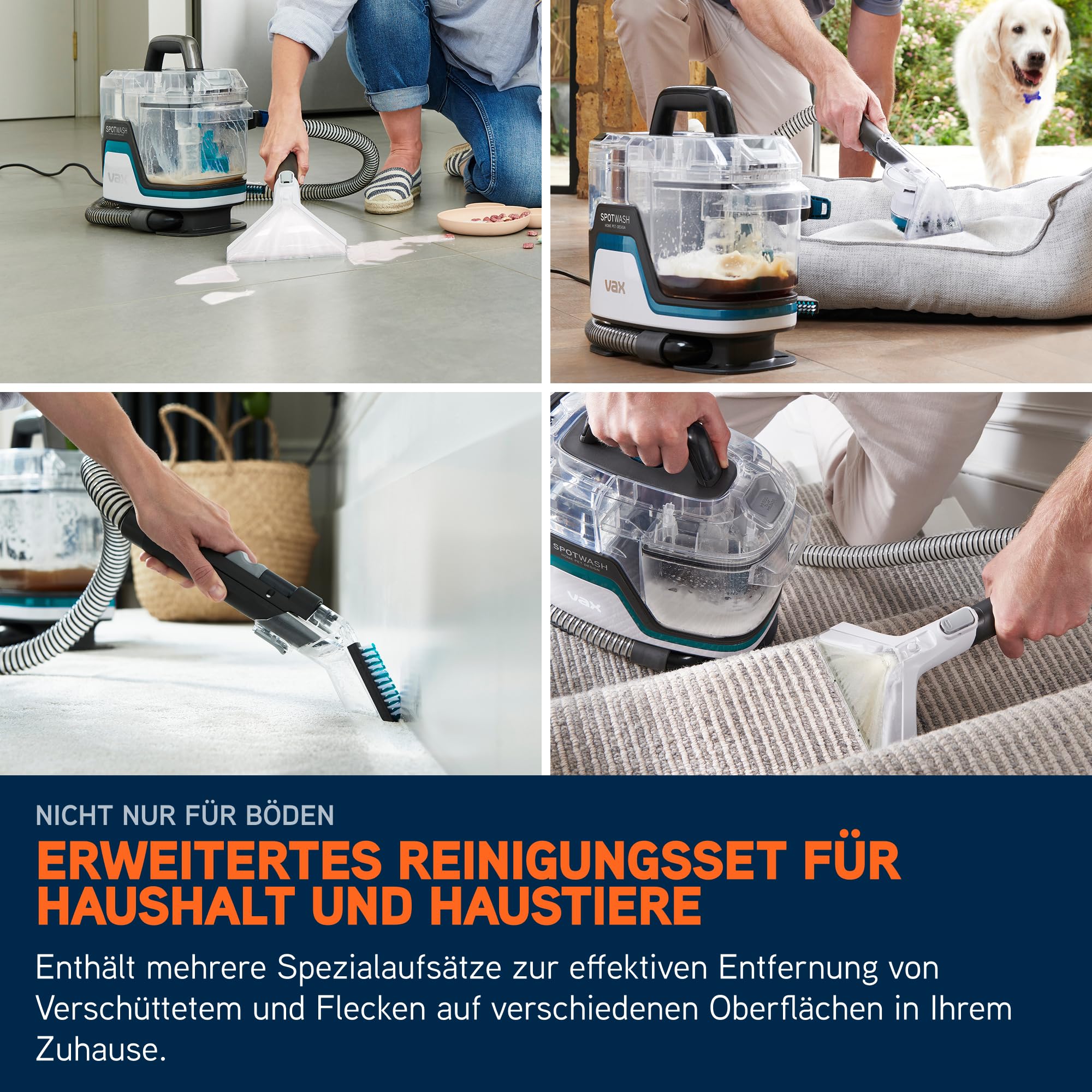 Vax SpotWash Home Haustier-Design Fleckenentferner für Teppiche und Polstermöbel mit SpinScrub-Technologie, kraftvolle Tierpflege, schnelltrocknend und tiefenwirksam
